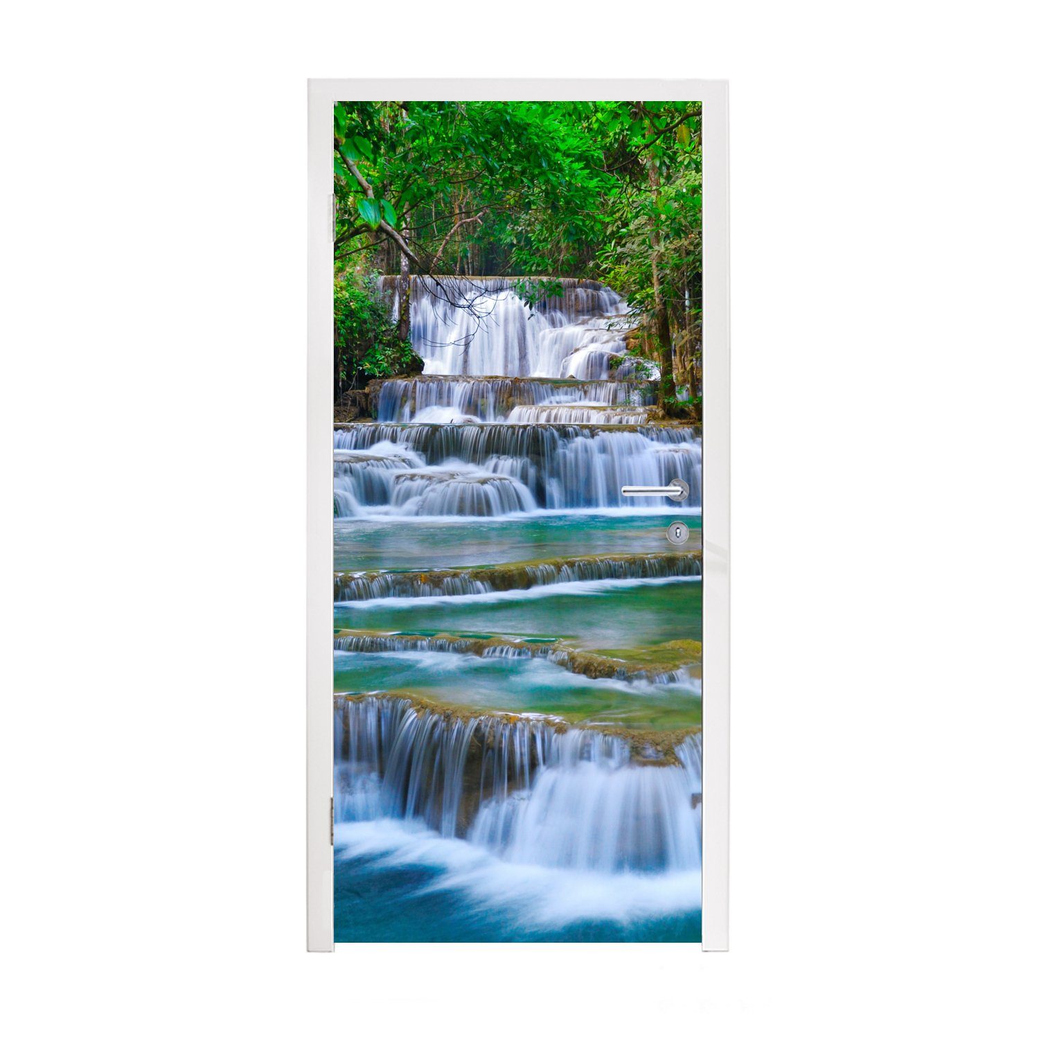 MuchoWow Türtapete Wasserfall - Bäume - Natur - Dschungel, Matt, bedruckt, (1 St), Fototapete für Tür, Türaufkleber, 75x205 cm