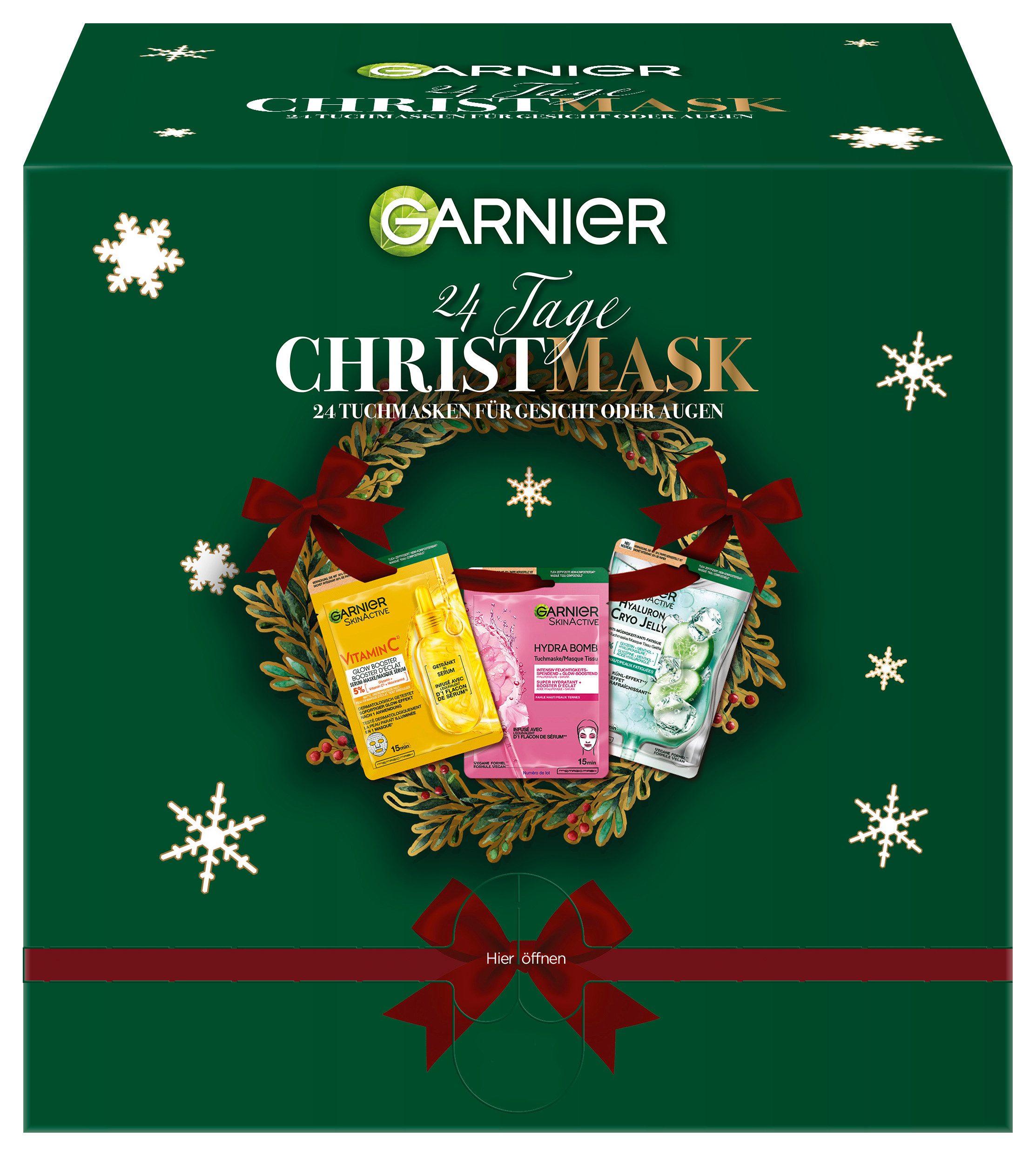 GARNIER Kosmetik-Adventskalender Garnier Tuchmasken 24er Adventskalender, mit 24 verschiedenen Tuchmasken, aus Textilmaterial