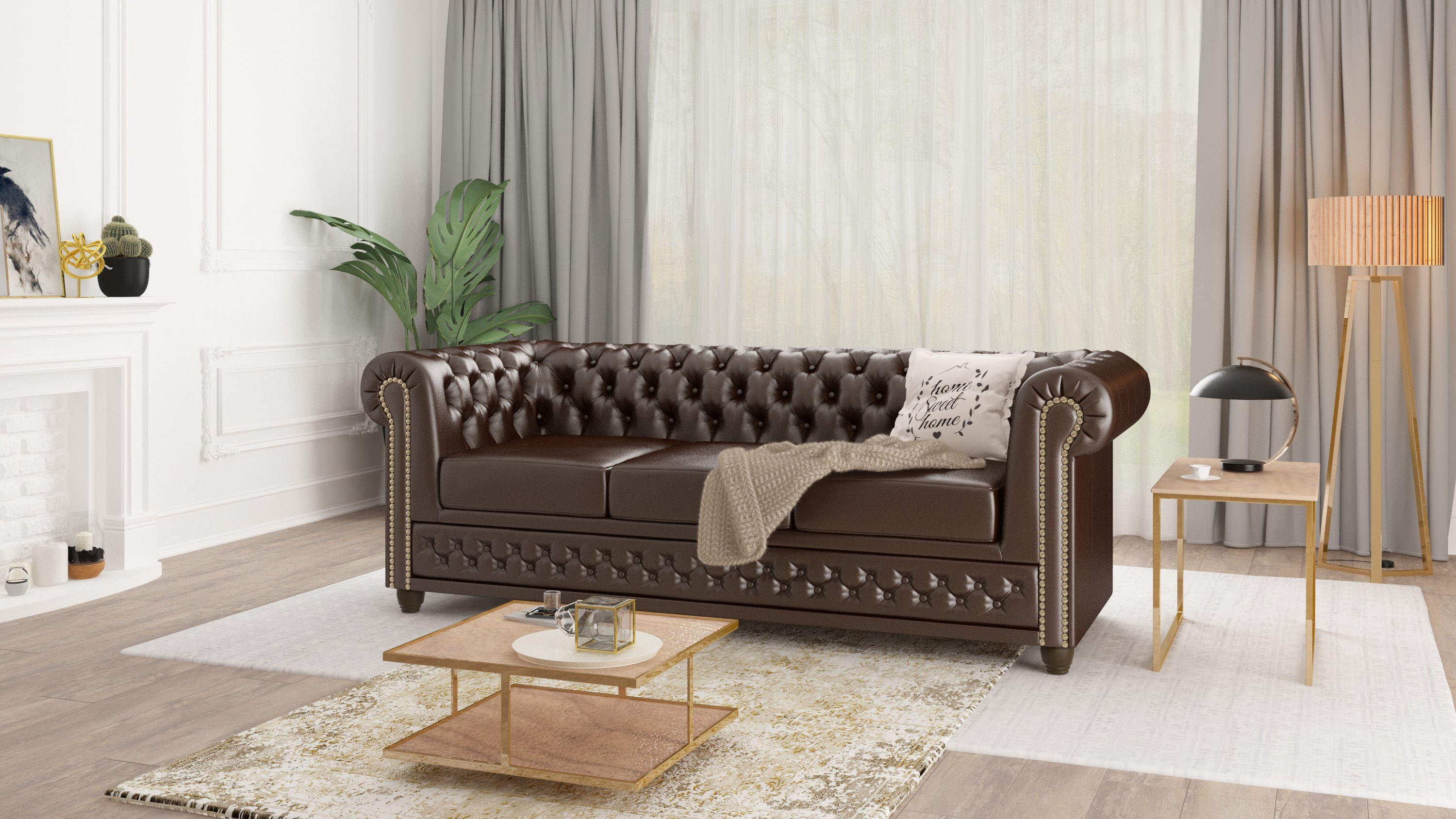 Braun mit x H Möbel B 203cm 3-Sitzer, 72cm, Chesterfield-Sofa 86cm T S-Style x Bettfunktion, Jeff, mit Wellenfederung