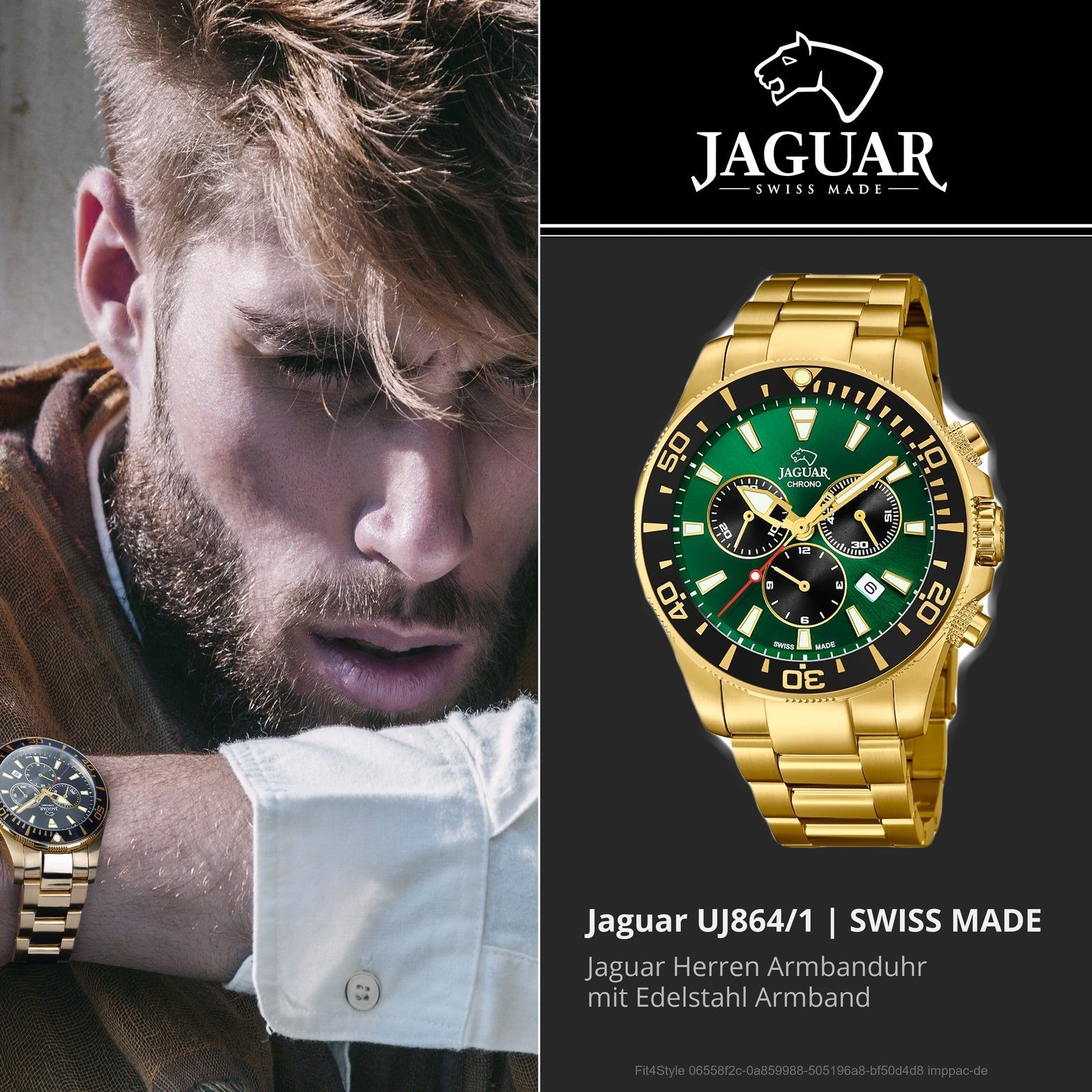 Uhr Jaguar 44mm), Sport Edelstahlarmband, (ca. rundes Sport, Herrenuhr Herren groß Gehäuse, mit JAGUAR Edelstahl J864/1 Chronograph