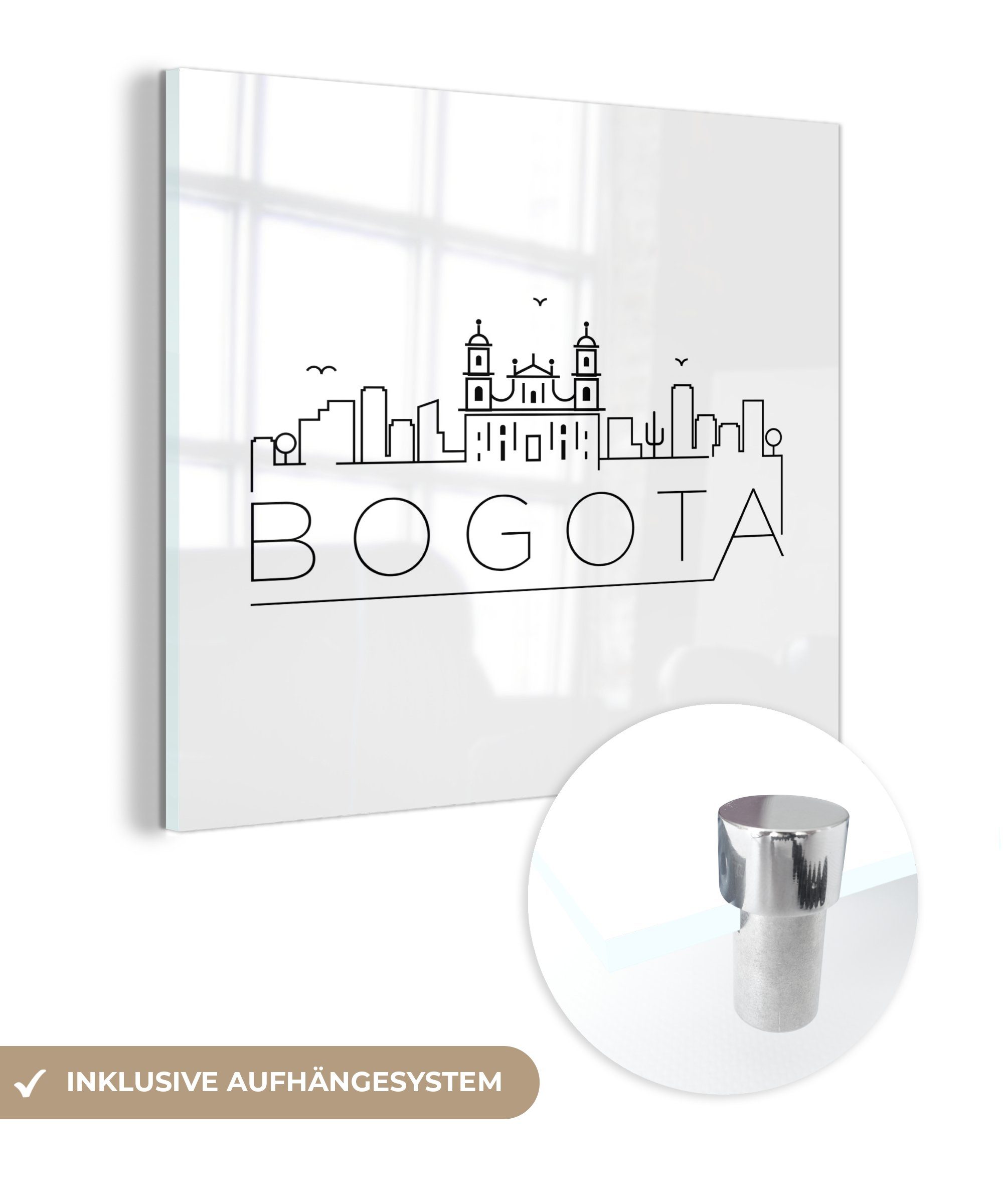 MuchoWow Acrylglasbild Skyline "Bogota" schwarz auf weiß, (1 St), Glasbilder - Bilder auf Glas Wandbild - Foto auf Glas - Wanddekoration