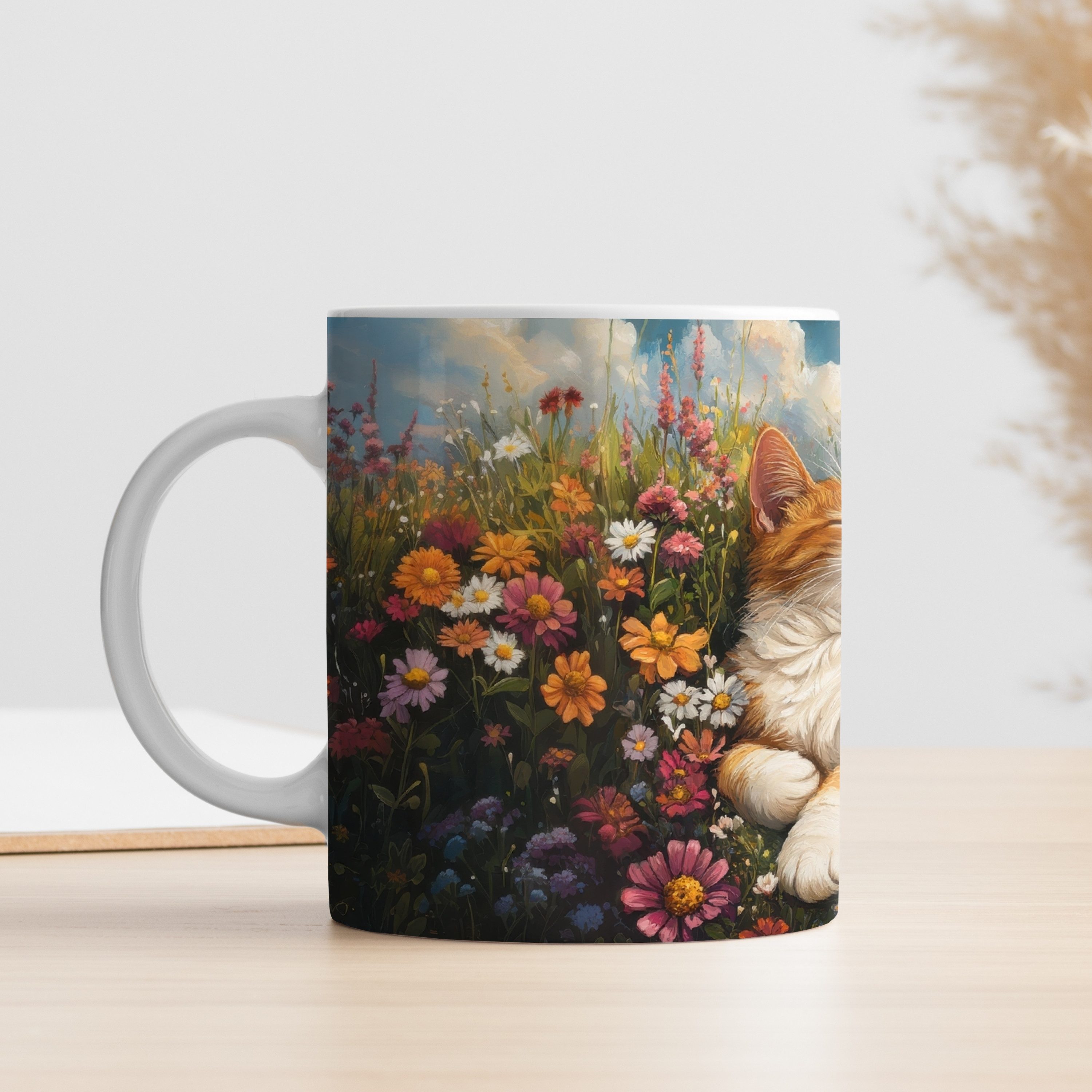 MuchoWow Tasse Katze - Blumen - Entspannen, 1-tlg., Keramik, Kaffeetassen, Teetasse, Becher, Kaffeebecher, Geschenk