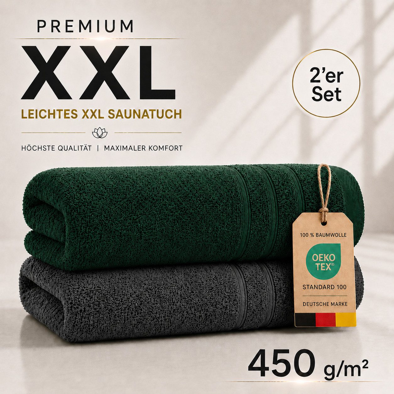Komfortec Saunatuch 2er Set extra Große - XXL Premium Badetuch-80x200, Frottee (Set, 2-St), extra Große, Baumwolle 100%, Weich, Schnelltrocknend – Bild 2 von 5