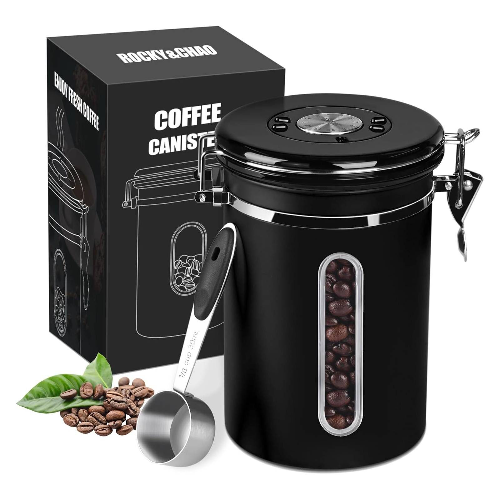 BlingBin Kaffeedose 1,8/2,8L Edelstahl Kaffeebohnen Vorratsdose,Luftdichte Kaffeebehälter, Edelstahl, (1er Set, 1-tlg., 12.5*19cm), Kaffeedose mit CO2-Ventil, Messlöffel & Datumsanzeige für Nüsse Kakao