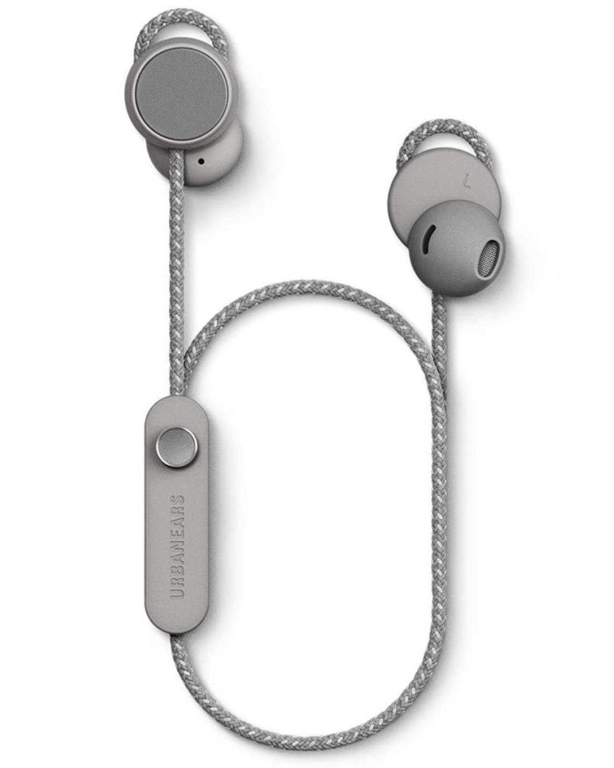 Urbanears Jakan Bluetooth In-Ear Headset Grau Headset (integriertes Mikrofon, Bluetooth, Anruffunktion 12 Stunden Akkulaufzeit Magnetische Ohrhörer Bedienknopf)