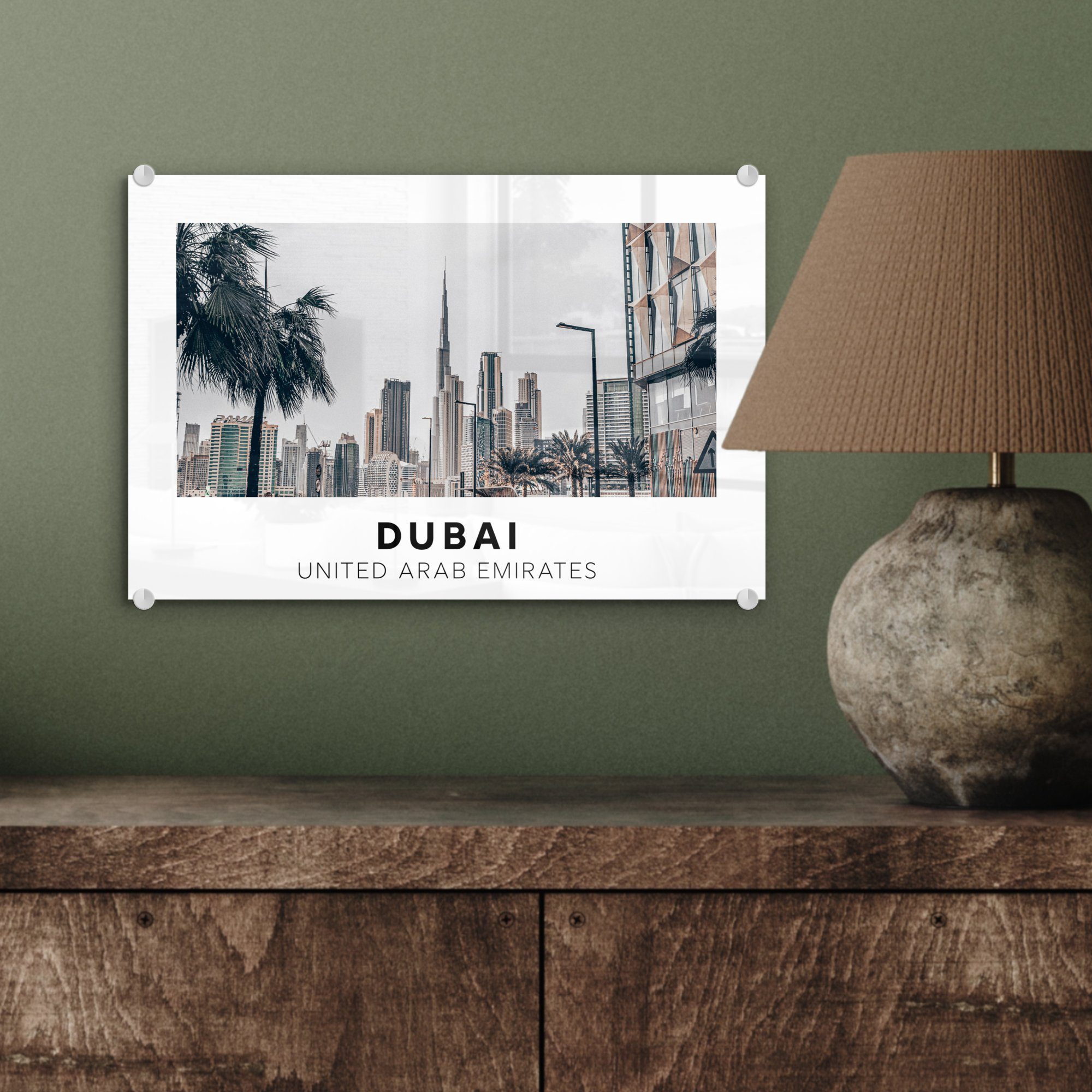 Glasbilder (1 Acrylglasbild Palme, Glas Wanddekoration - Glas Dubai MuchoWow auf - Wandbild Bilder - - St), - Foto Skyline auf