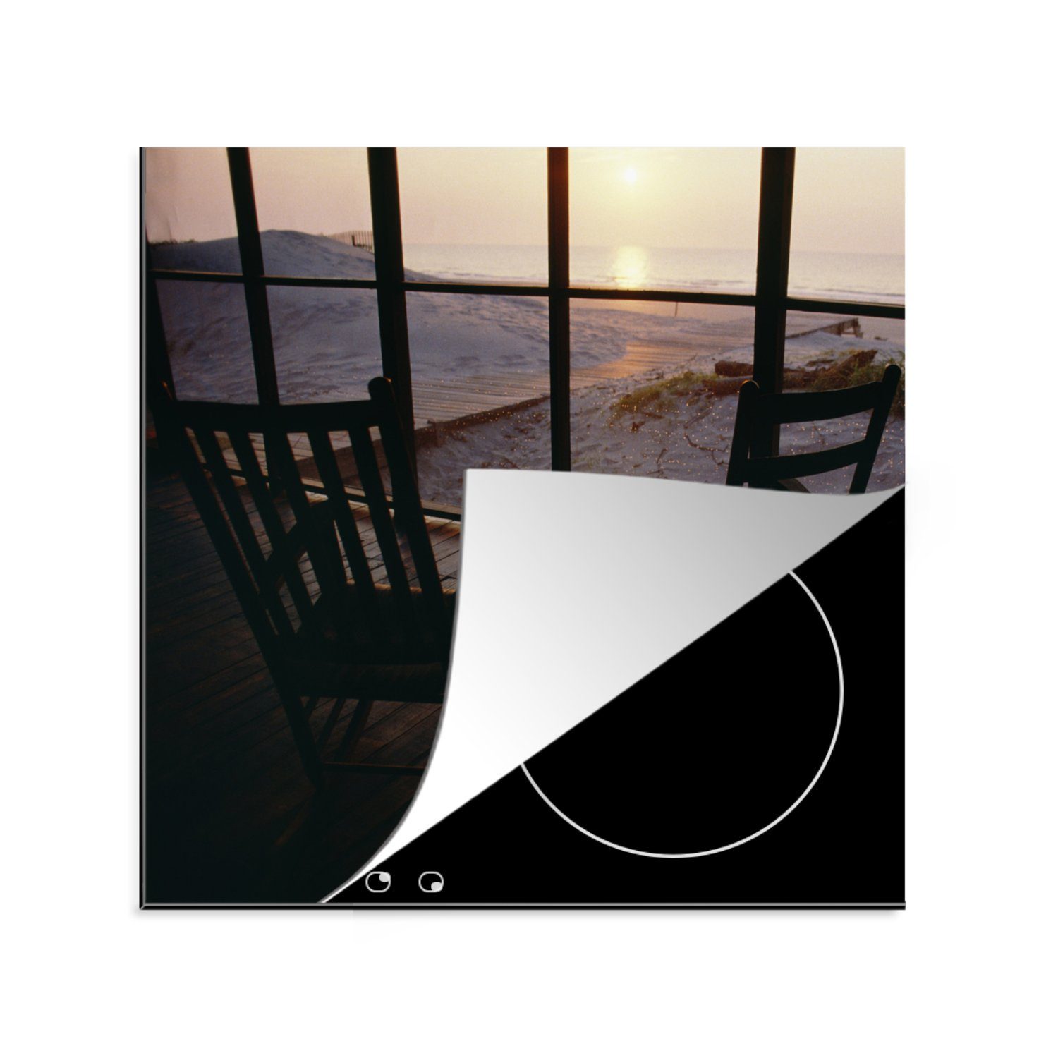 MuchoWow Herdblende-/Abdeckplatte Strandhaus mit Stühlen, Vinyl, (1 tlg), 78x78 cm, Ceranfeldabdeckung, Arbeitsplatte für küche