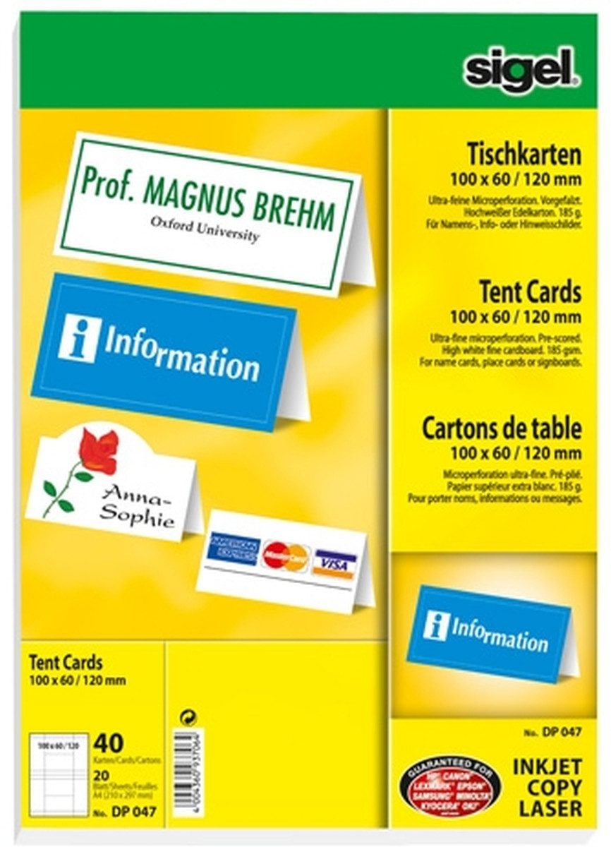 Sigel Designpapier Tischkarten A4 185g/qm hochweiß VE=40 Stück