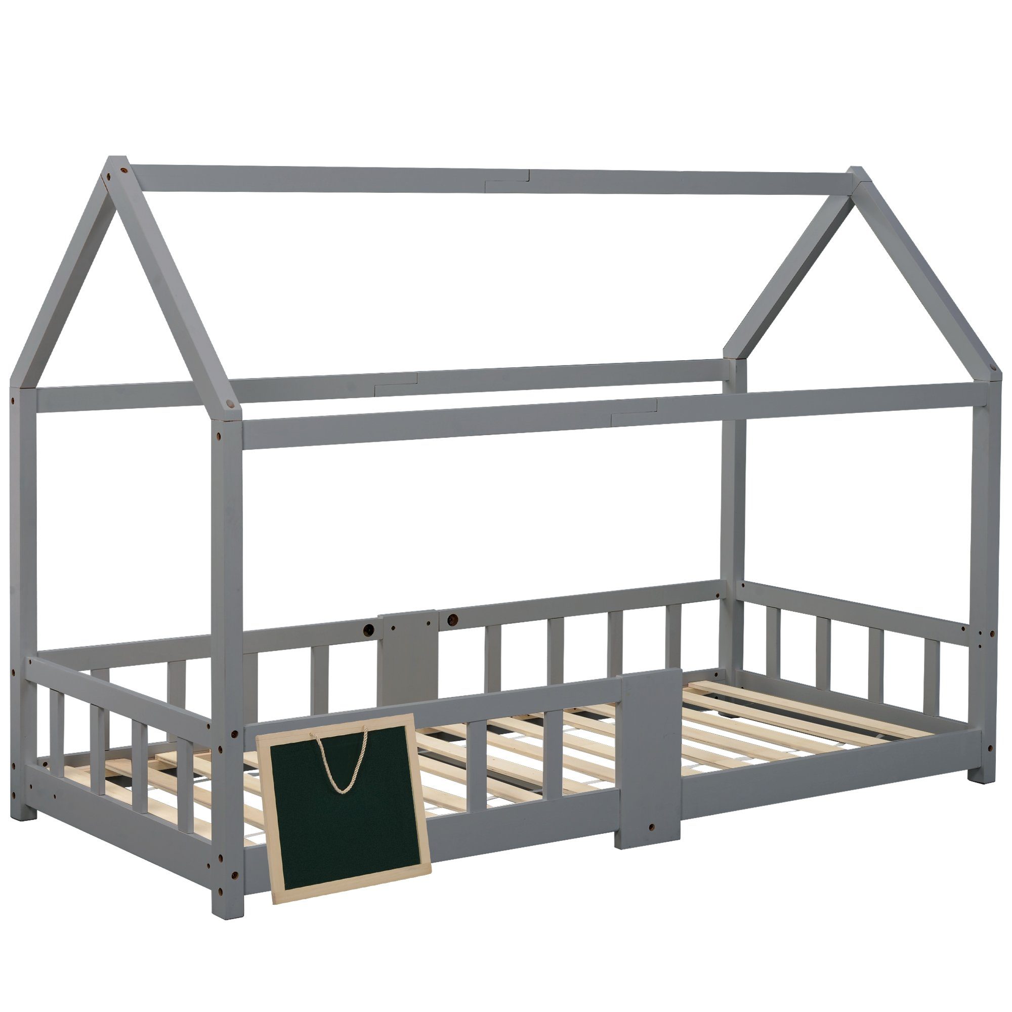 Kinderbett (Hausbett 90x200cm), Kinderbett mit Tafel, Rausfallschutz und Lattenrost, Kiefer