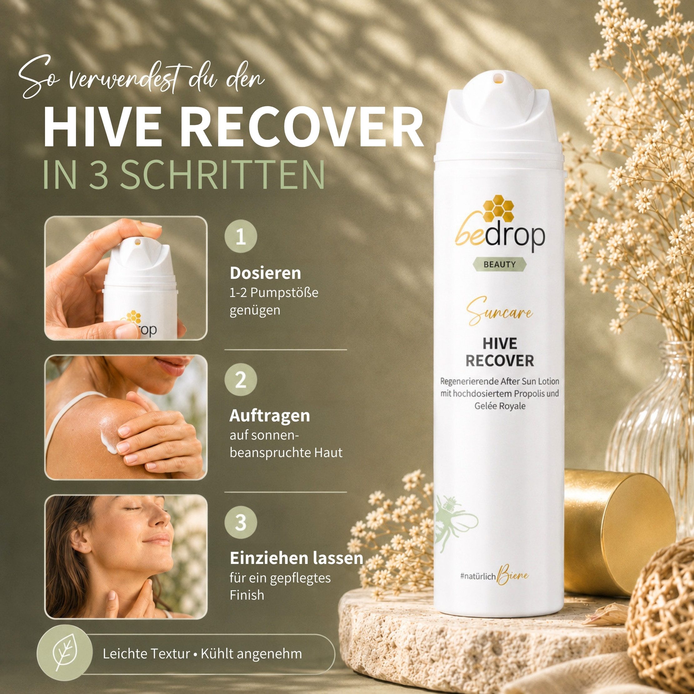 bedrop After Sun-Lotion HIVE RECOVER - After Sun Lotion mit Gelée Royale & Propolis Body Lotion nach dem Sonnenbad, Feuchtigkeitscreme, Regenerationspflege, Regenerierende & kühlende Bodylotion für sonnengestresste Haut, Pflege
