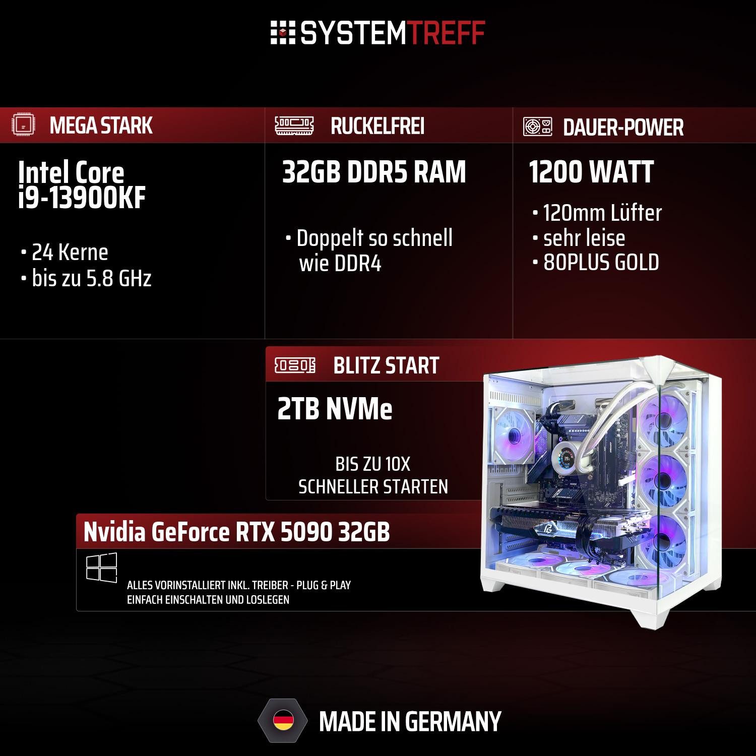 SYSTEMTREFF Intel Core i9-13900KF mit Nvidia GeForce RTX 5090 32GB Gaming-PC (Intel 13900KF 13900KF, Nvidia GeForce RTX 5090, 32 GB RAM, 2000 GB SSD, Wasserkühlung)