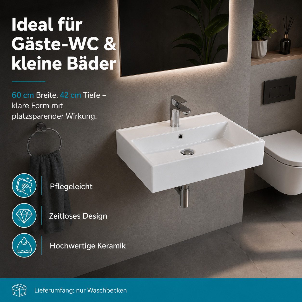Aqua Bagno Waschbecken Aqua Bagno Keramik Waschtisch Waschbecken 60cm Möbel Aufsatz Wand (Einzel, ohne Armatur u. Ablaufgarnitur), Hänge- Aufsatzwaschbecken mit Hahnloch