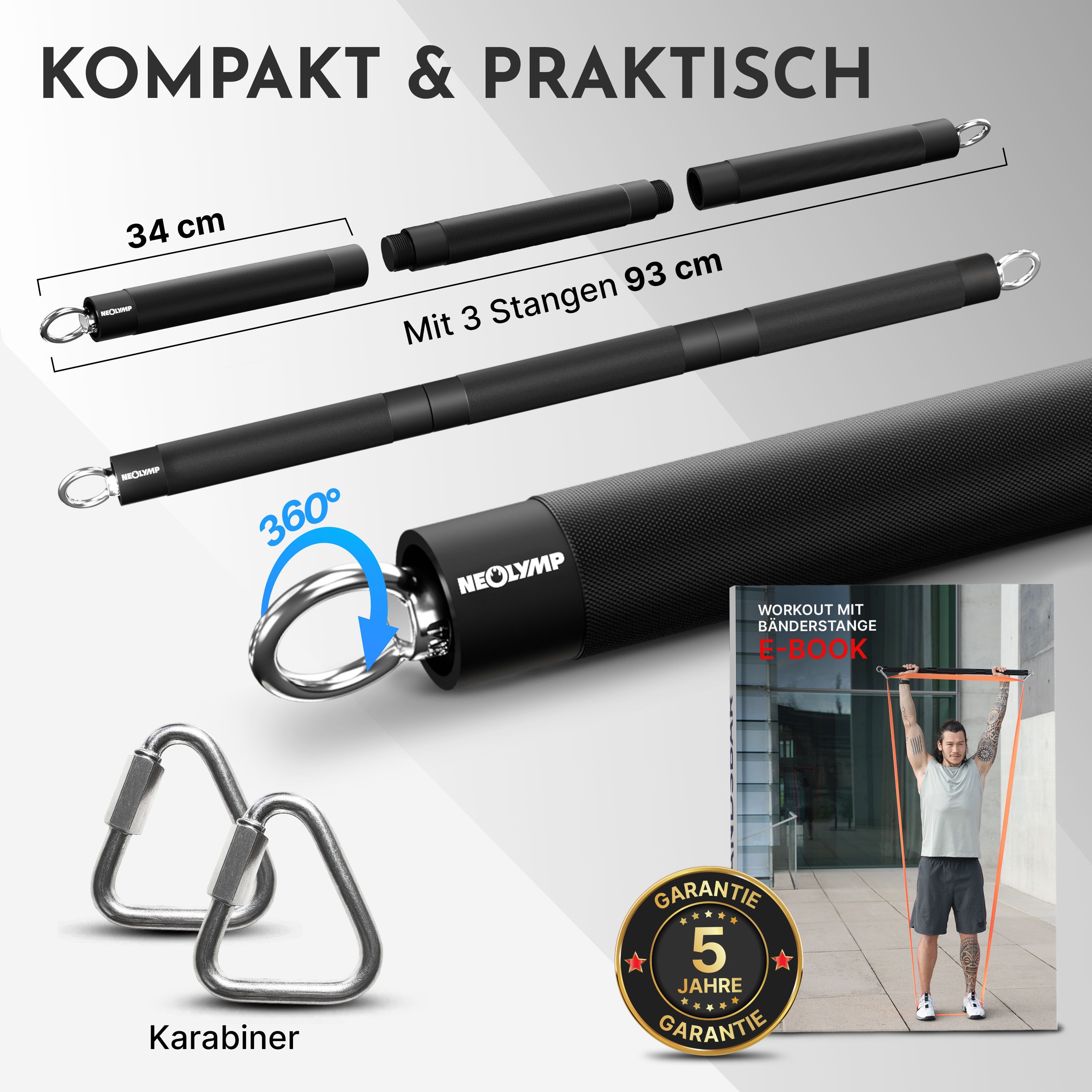 NEOLYMP Trainingsband Widerstandsbänder Fitness Stange - Inkl. Karabiner - Pilates Bar, Kompatibel mit Fitnessbändern, Resistance Bands & Widerstandsbänder