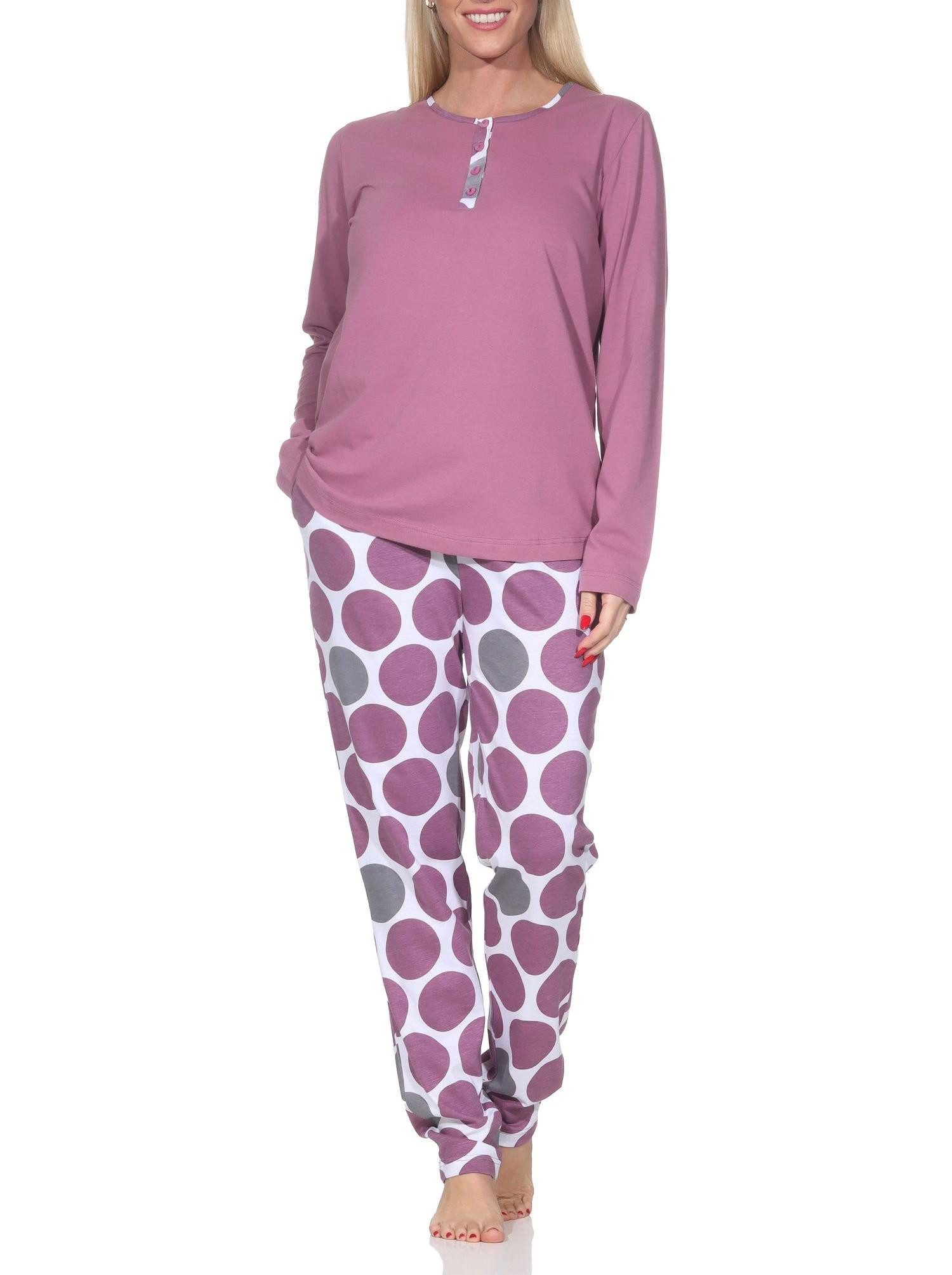 Pyjama Normann Damen langarm Schlafanzug mit Hose in Punkte Tupfen Look