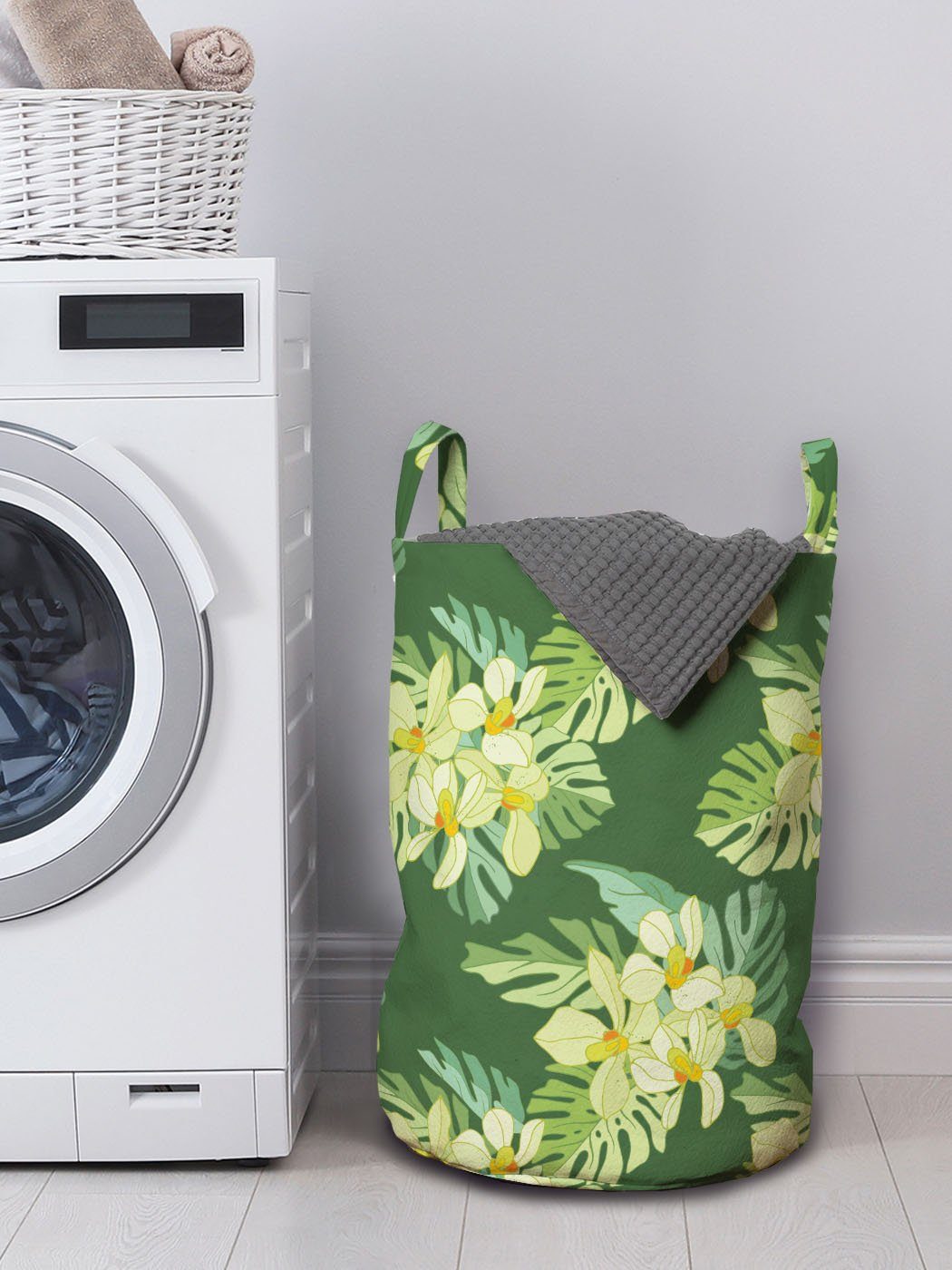 mit Kordelzugverschluss Wäschekorb Exotische Abakuhaus Tropisch Blätter Wäschesäckchen und Blumen für Waschsalons, Griffen