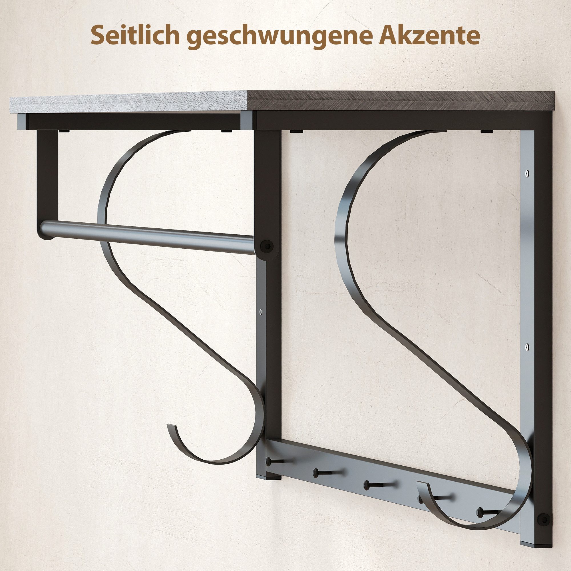 HOMCOM Garderobenleiste Ablage mit 5 Haken und Stange, 70 cm, Wandmontierter (Wandgarderobe, 1 St., Wandregal), für Flur, Wohnzimmer, Schlafzimmer, Badezimmer G – Bild 5 von 5