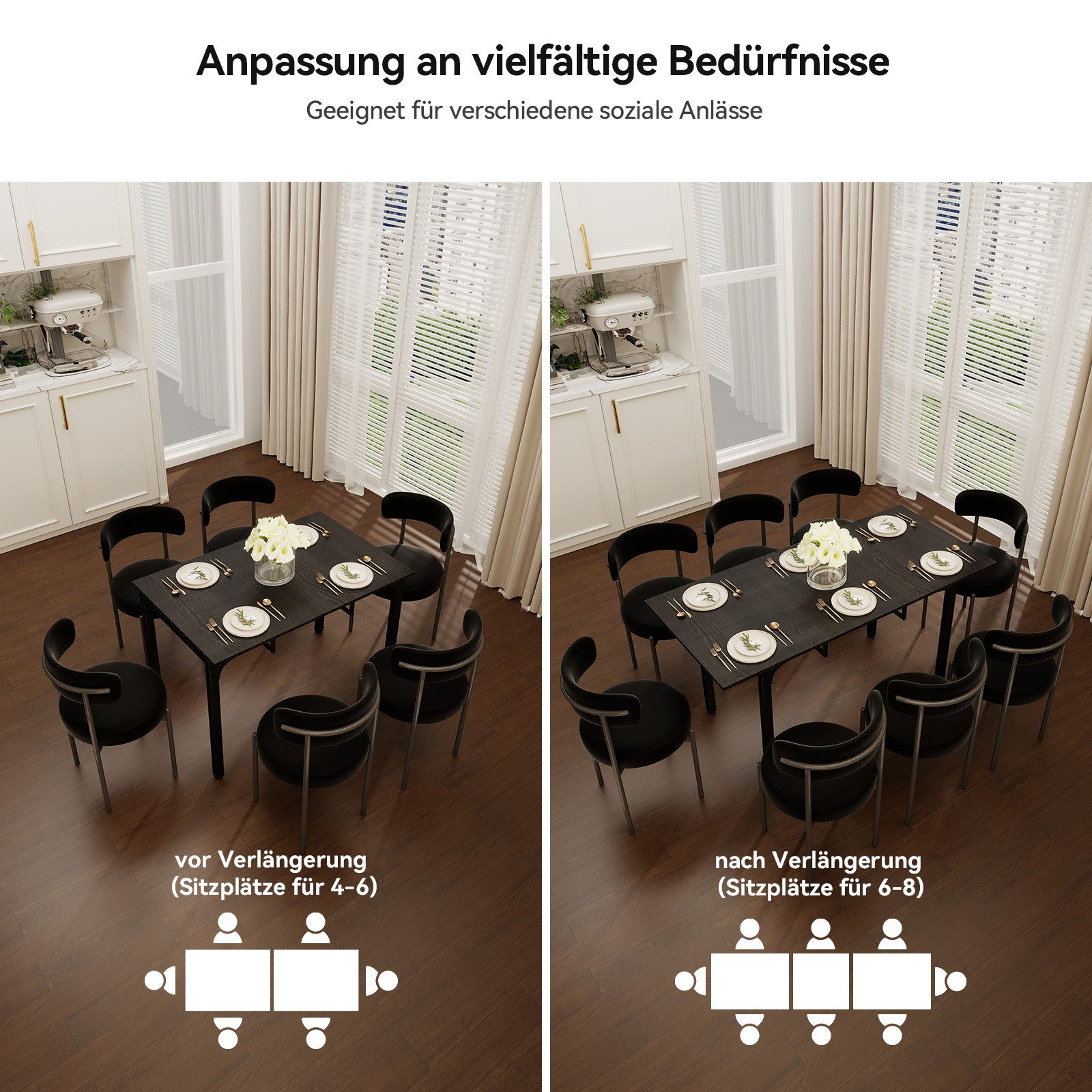Puluomis Esstisch ausziehbar 110-149 cm mit Stauraum MDF Platte für 4-8 Personen (Esszimmertisch, Küchentisch, verlängerbarer Tisch)
