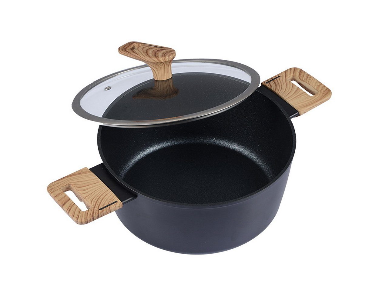 Schäfer Elektronik Bratentopf Bräter mit Deckel "Maple Wood", Topf, Kochtopf, Schmortopf, geschmiedete Aluminiumlegierung (Schwarzmatt, Ø 24 cm), hitzeresistente Außenlackierung