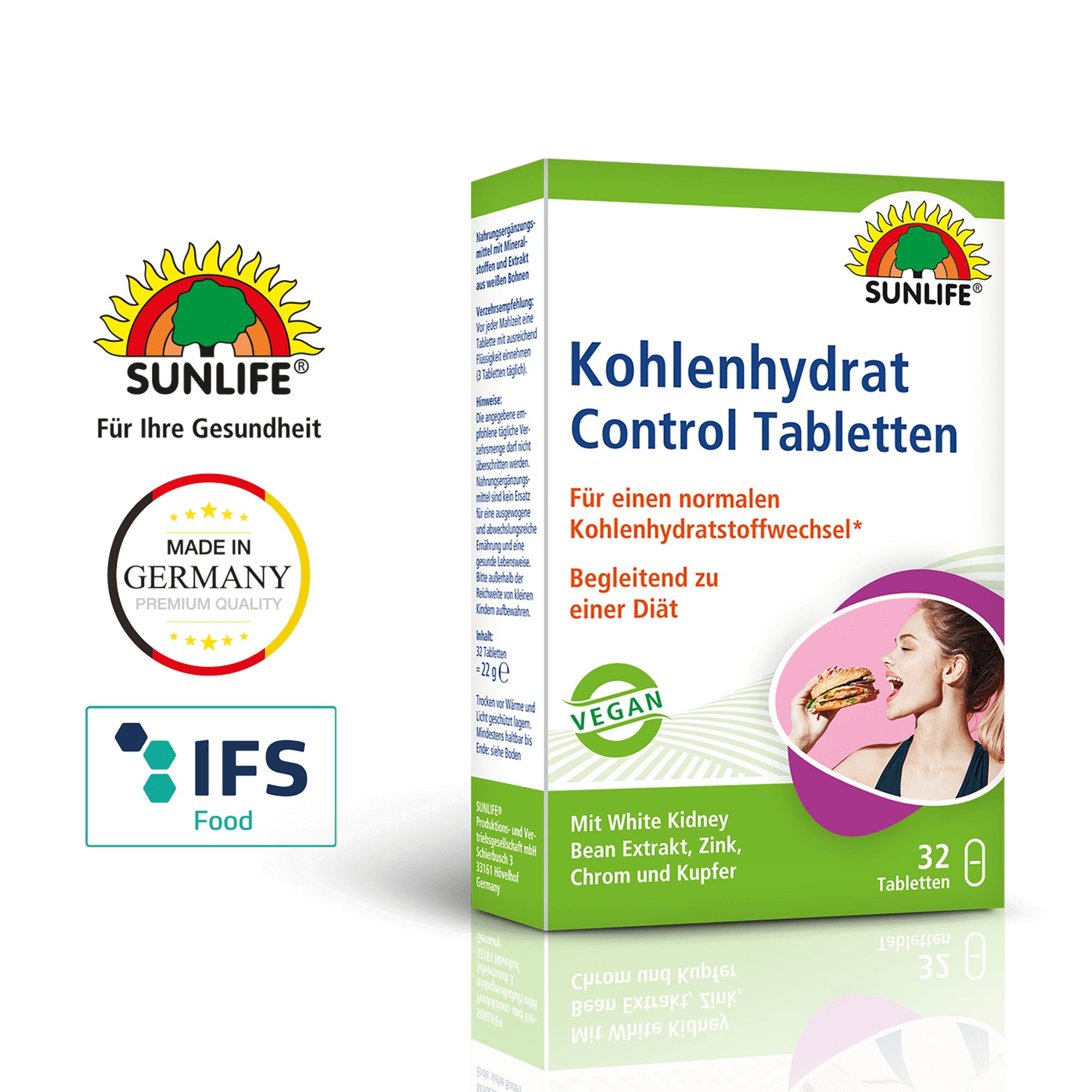 SUNLIFE SUNLIFE® Kohlenhydrat Control Tabletten Gewichtsverlust Diät Abnehmen Vor jeder Mahlzeit eine Tablette mit ausreichend Flüssigkeit einnehmen (3 Tabletten täglich)