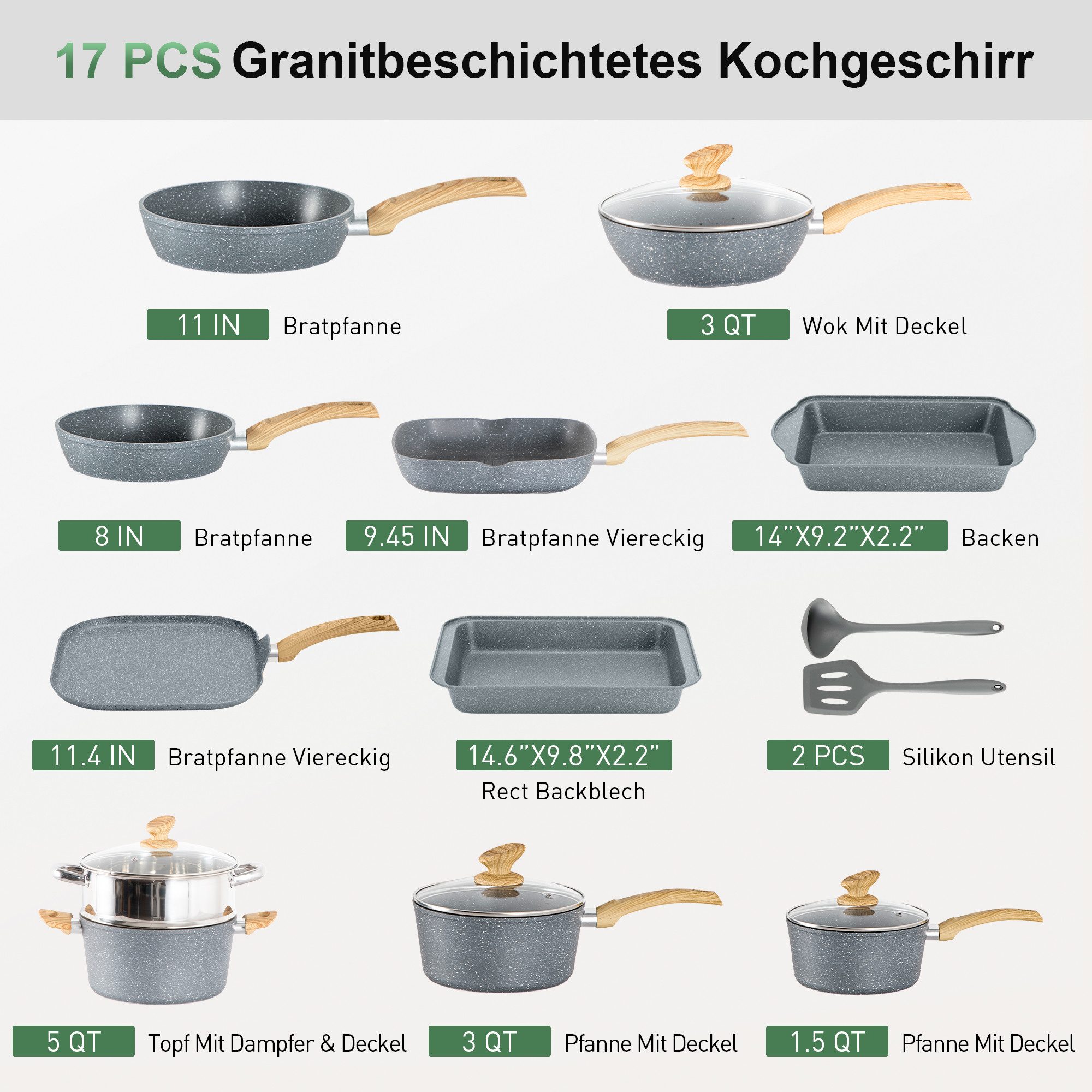 Kitchen Academy Topf-Set, Aluminium, Granit (17-tlg, Pfanne 20cm/28cm, Bratpfanne 24cm, Quadratische Bratpfanne 24cm/29cm, Kasserolle 1,5qt/3qt/5qt, 5qt Dampfgarer, 2 Backform, 2 Silikonspatel), Induktions Töpfe Set 17-teilig Kochtopf Set mit Glasdeckeln