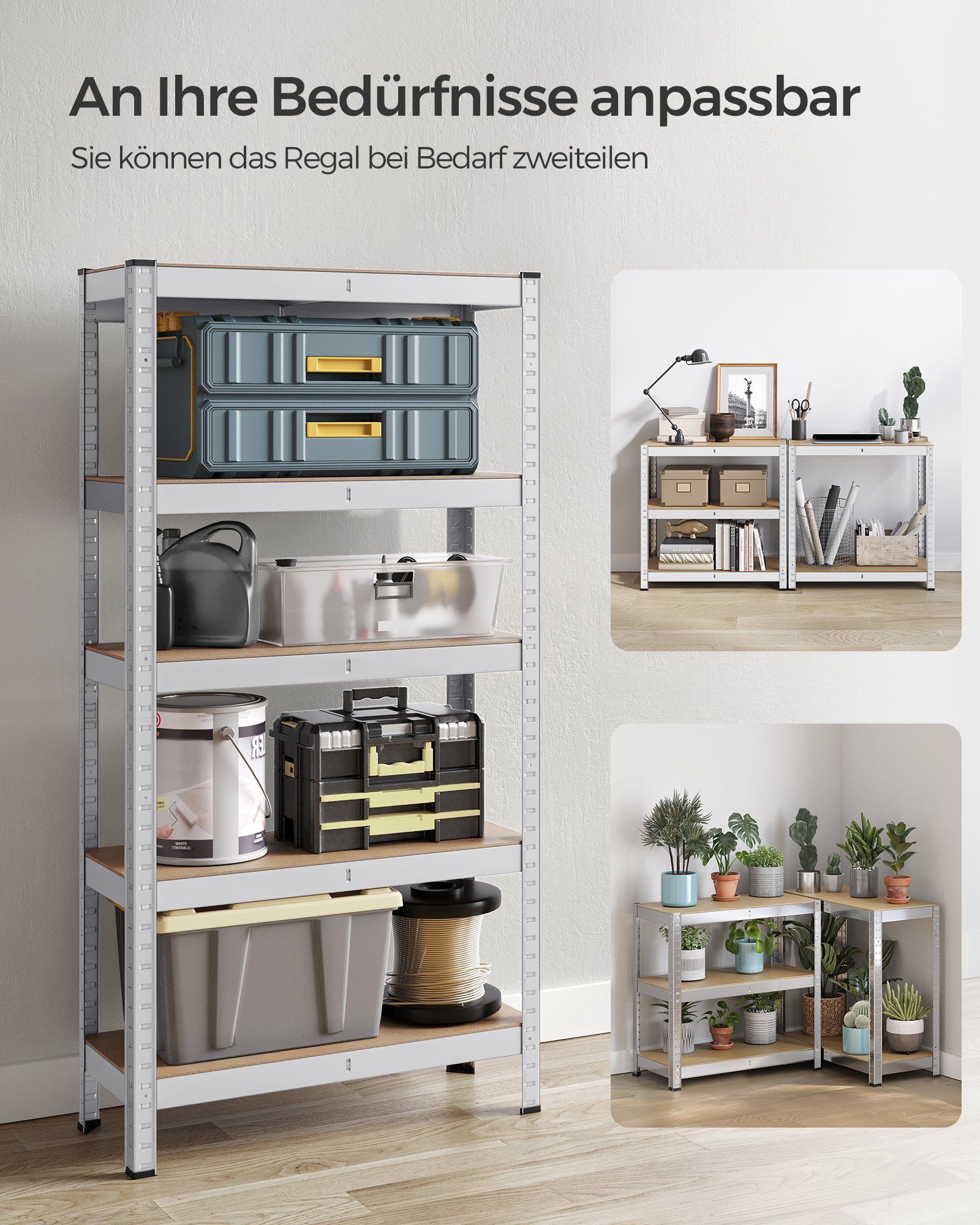 SONGMICS Schwerlastregal Standregal, 1-tlg., 5 Küchenregal Naturfarben-Silbern Ablagen