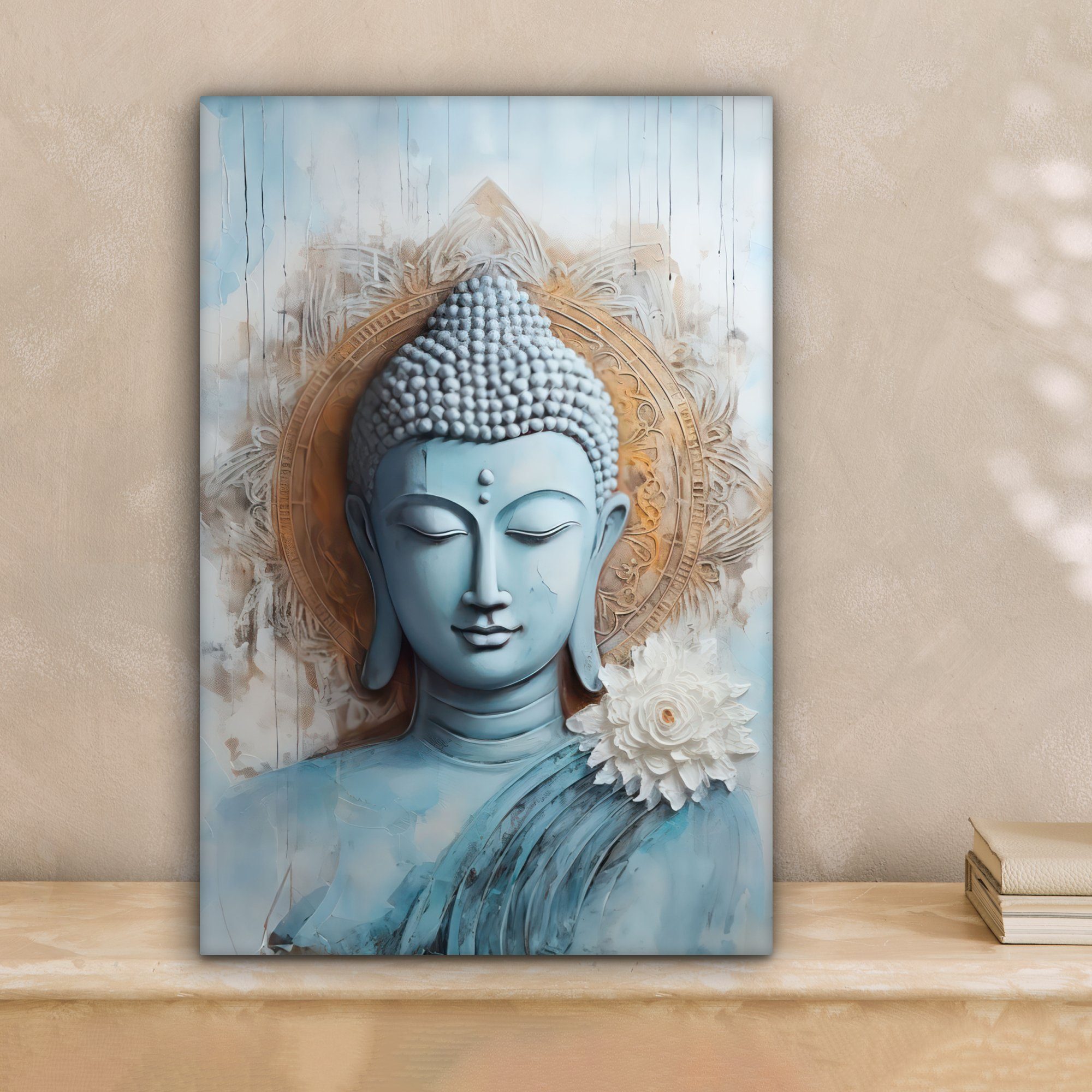 20x30 Blau - Gemälde, cm Blume, Leinwandbild - bespannt - Statue - fertig St), inkl. Braun (1 Zackenaufhänger, Buddha Leinwandbild OneMillionCanvasses®