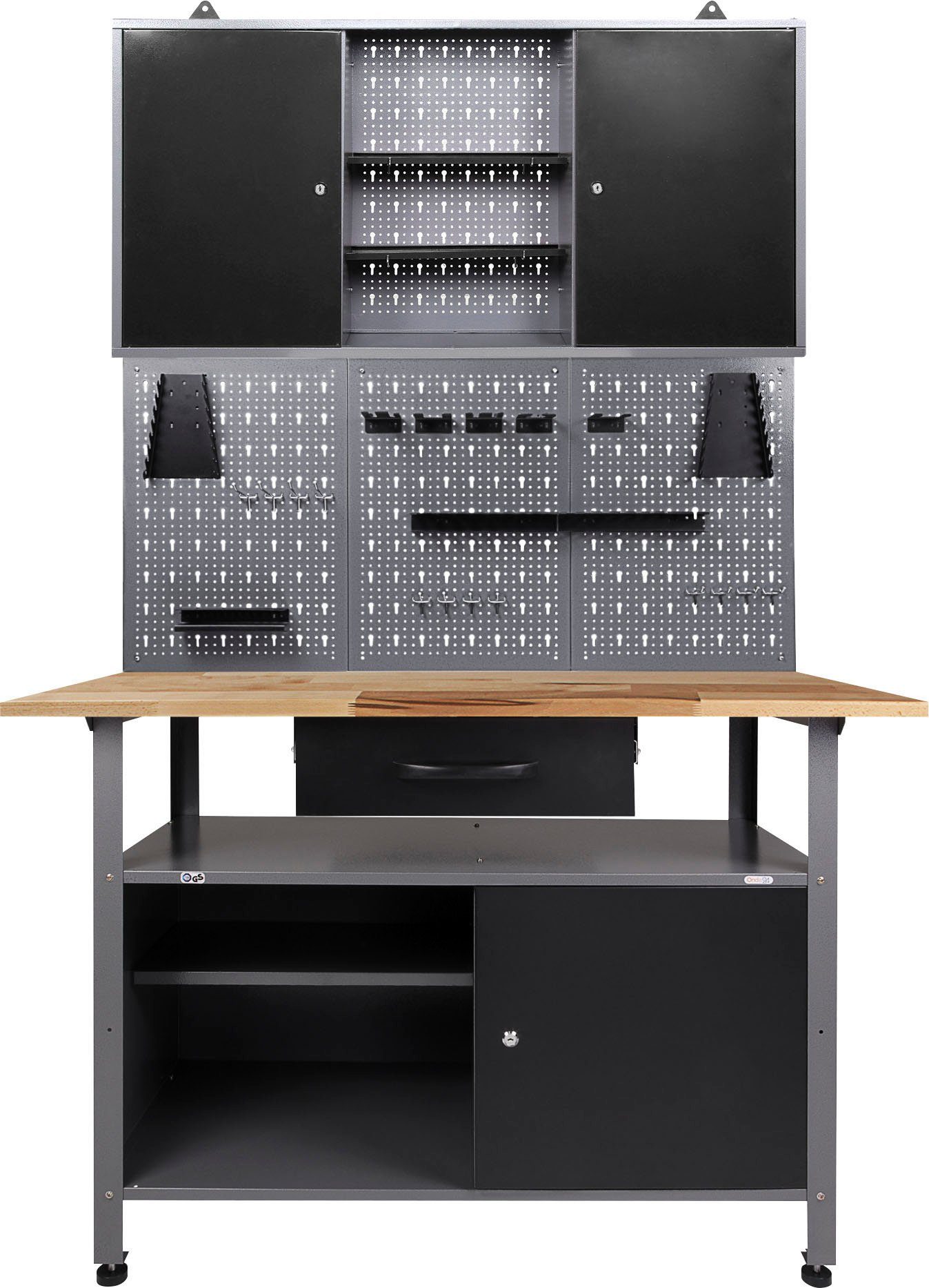 ONDIS24 Werkstatt-Set, inkl. Werkbank, Werkzeugschrank, Lochwand & 22-tlg. Hakenset