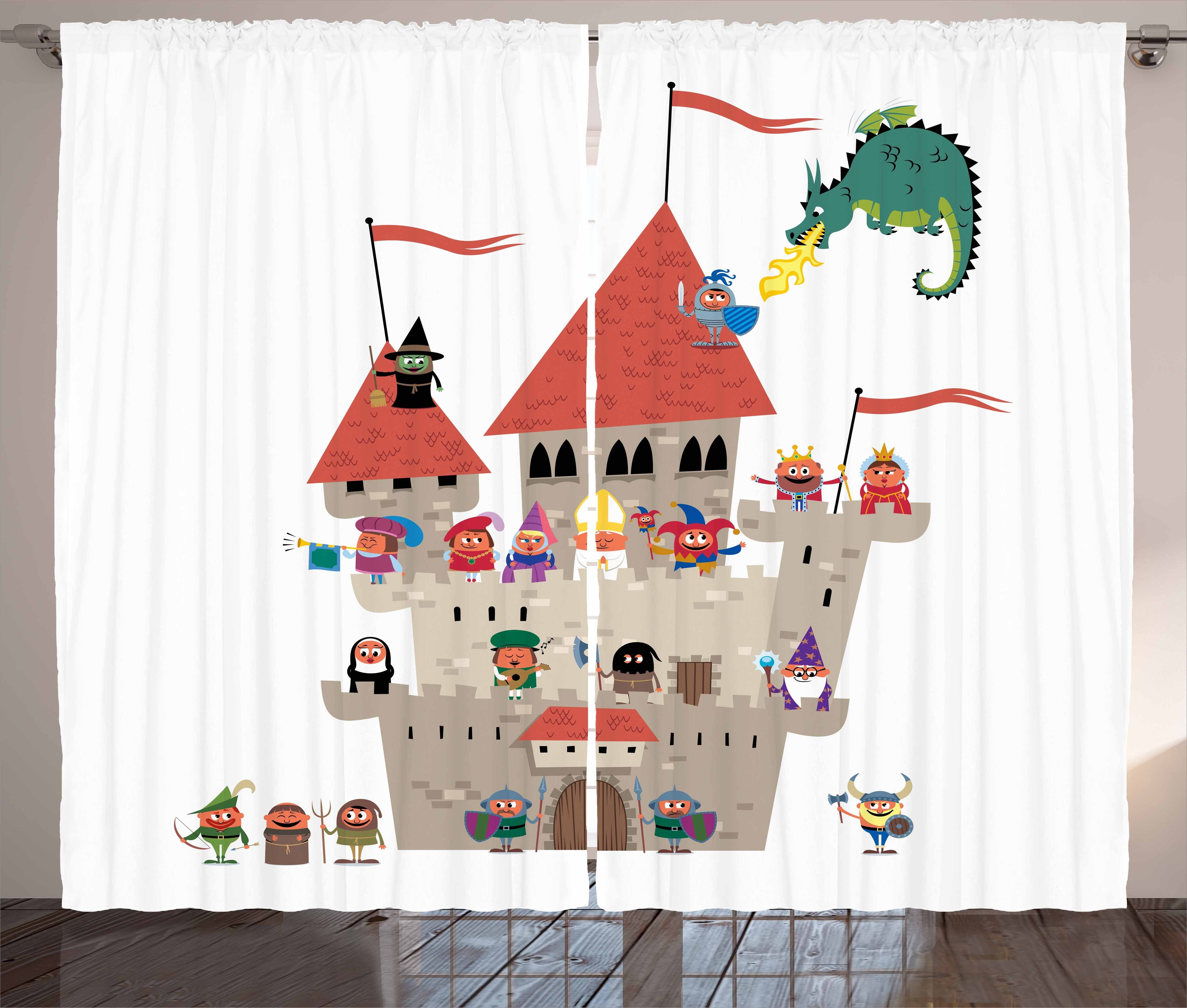 Gardine Drachen Cartoon Kingdom Vorhang mit Fantasie Haken, Abakuhaus, Schlafzimmer Schlaufen und Kräuselband