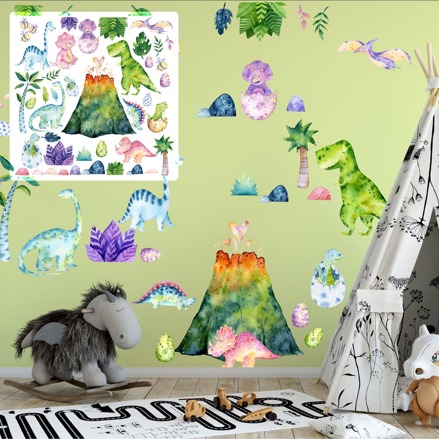 Sunnywall Wandtattoo XXL Dino Kids Vulkan Wandtattoo Set Kinderzimmer Aufkleber