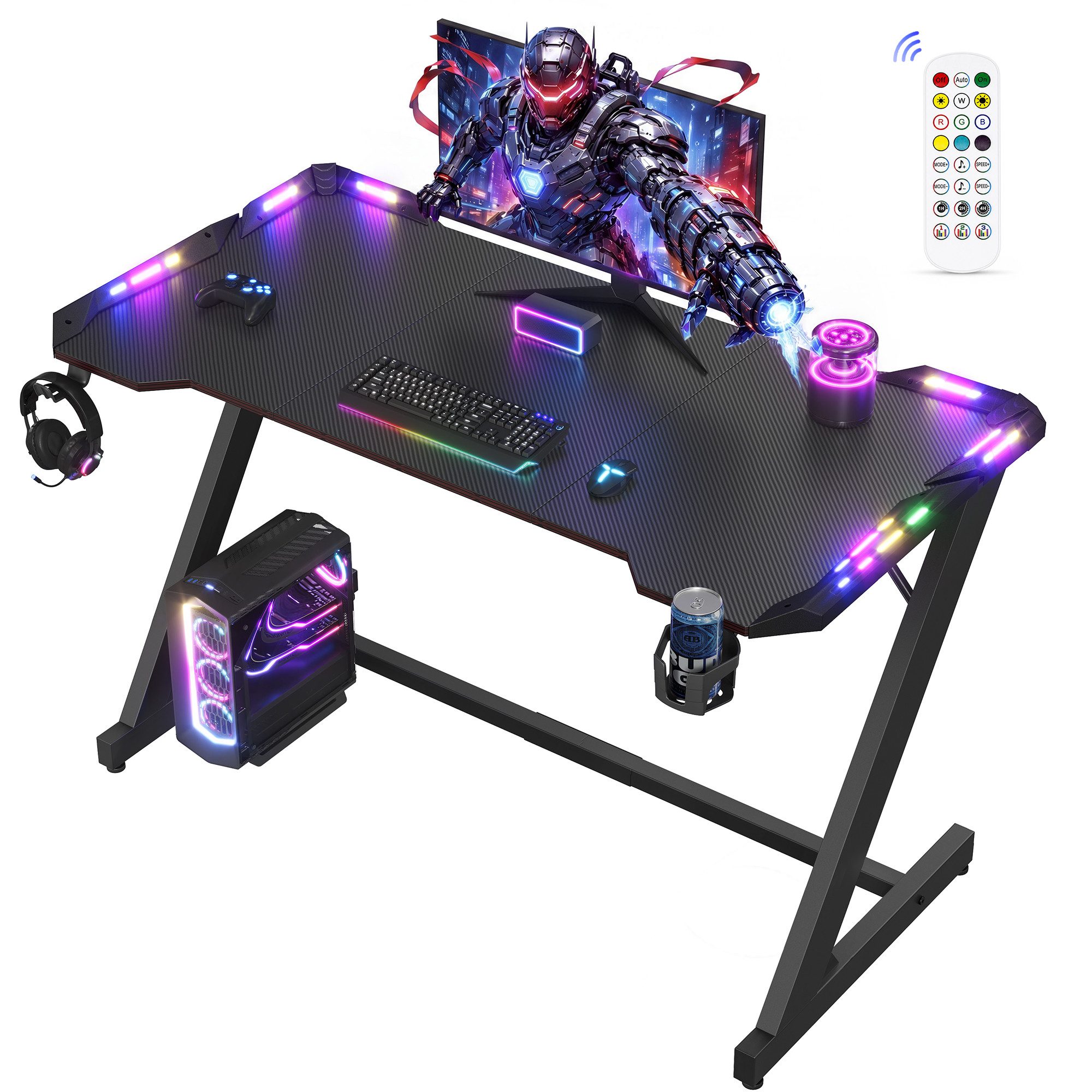 VASAGLE Schreibtisch Gaming Tisch Computertisch mit RGB Beleuchtung, 120 x 60 x 76 cm für Gaming Room mit Getränkehalter