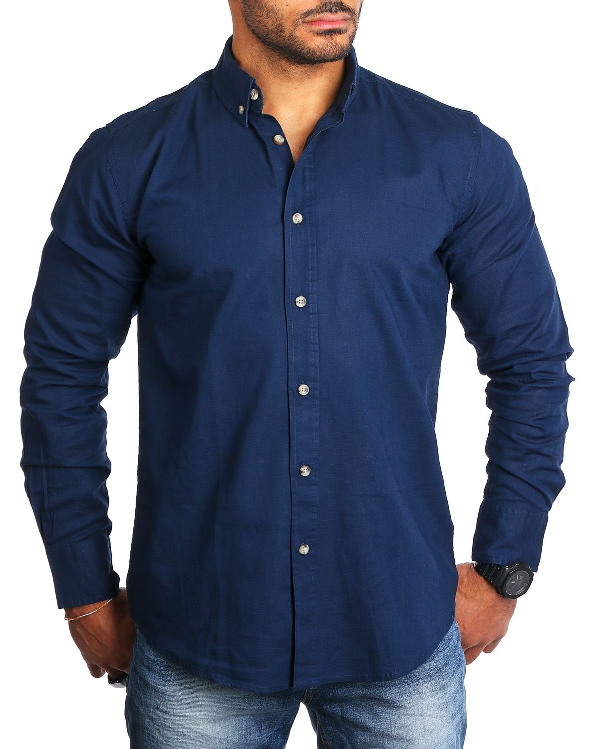 Langarmhemd Herren Leinen Baumwoll Mix Casual Hemd 8529
