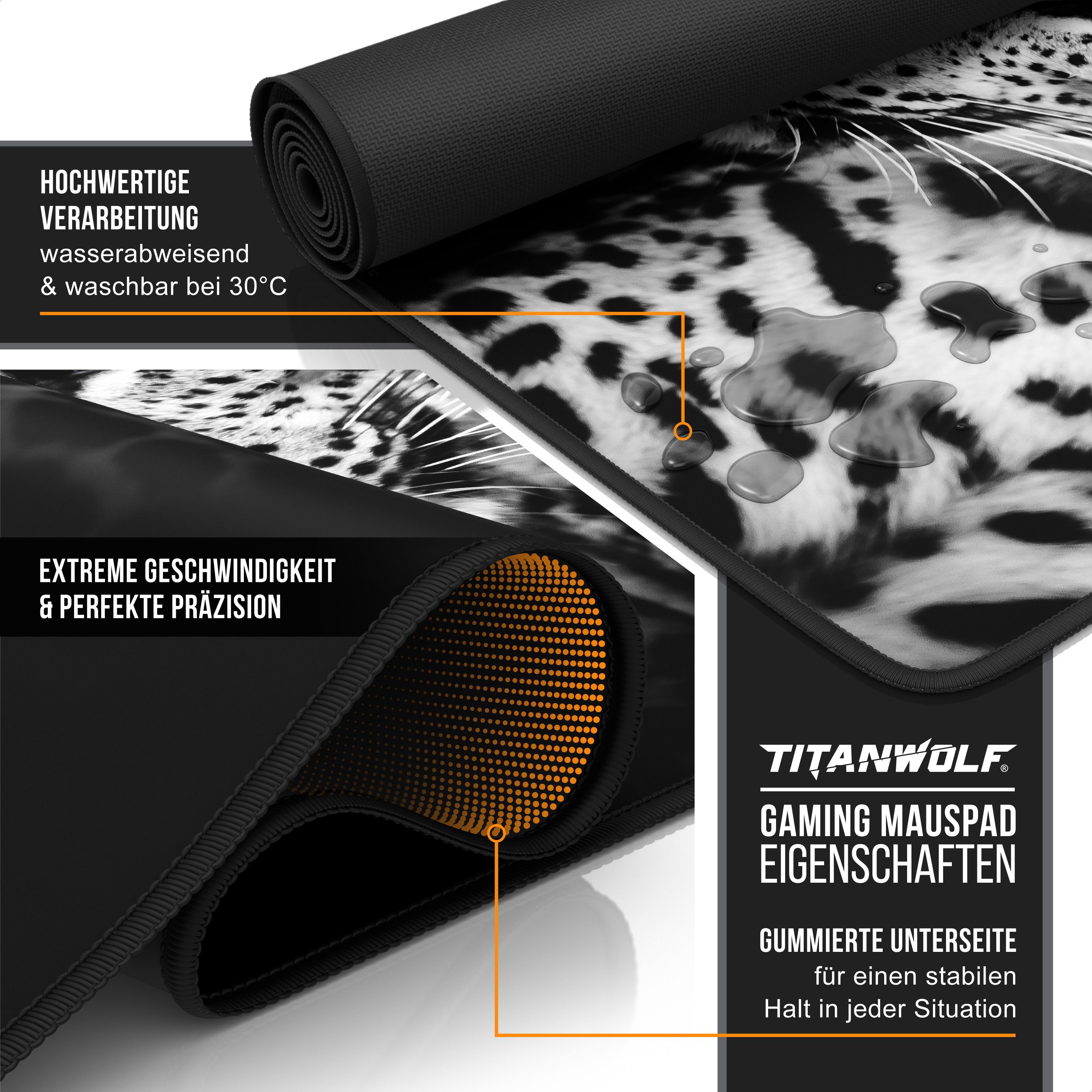 Titanwolf Gaming Mauspad XXL Speed Mousepad 900 x 400 x 3 mm, Schreibtischauflage, abwaschbar, rutschfeste Rückseite, Geschwindigkeit & Präzision, White Leopard
