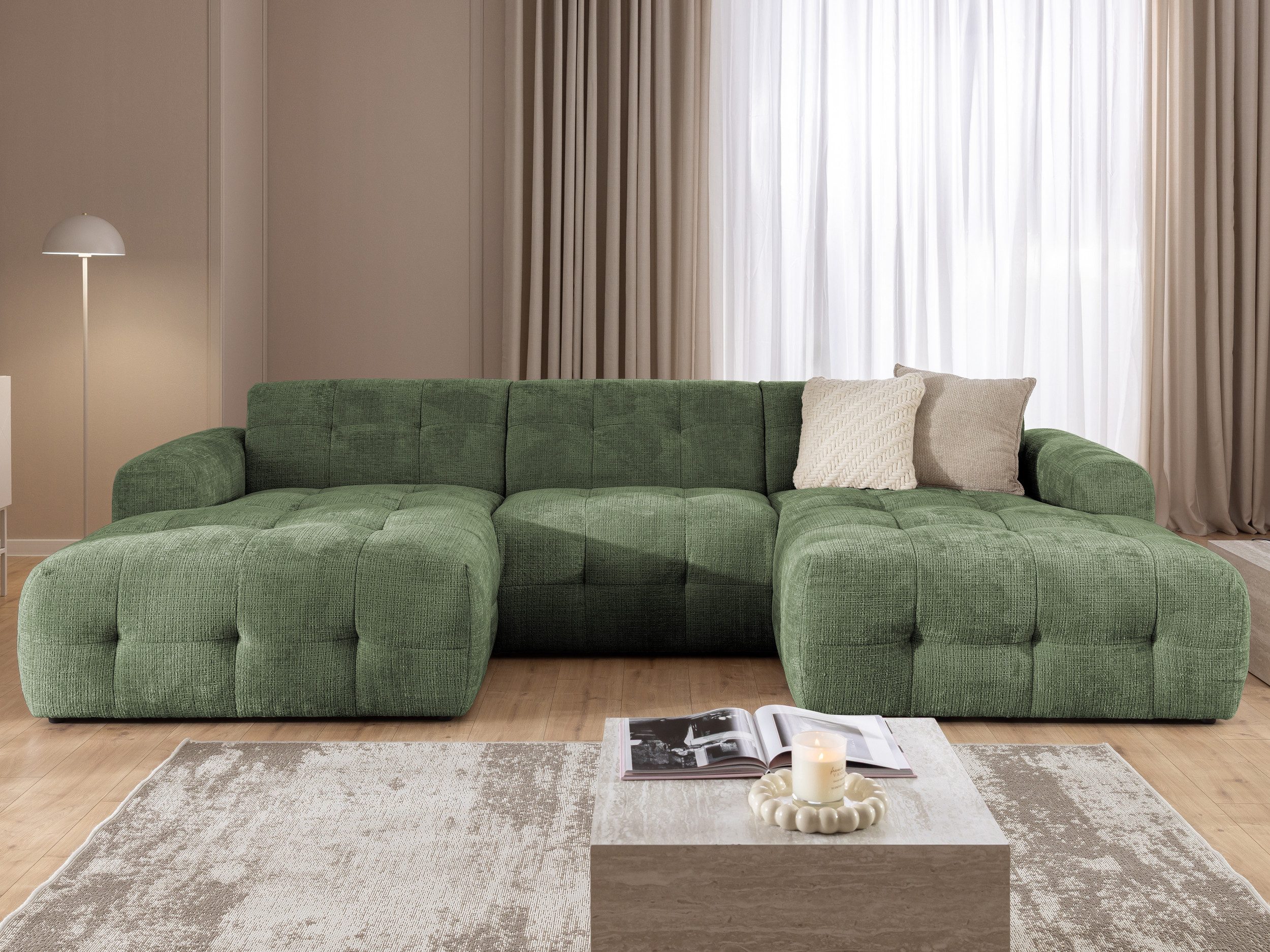 S-Style Möbel Wohnlandschaft Kozy im Bumpy-Design mit fester Rückenlehne aus weichem Chenille-Stoff, mit Wellenfederung
