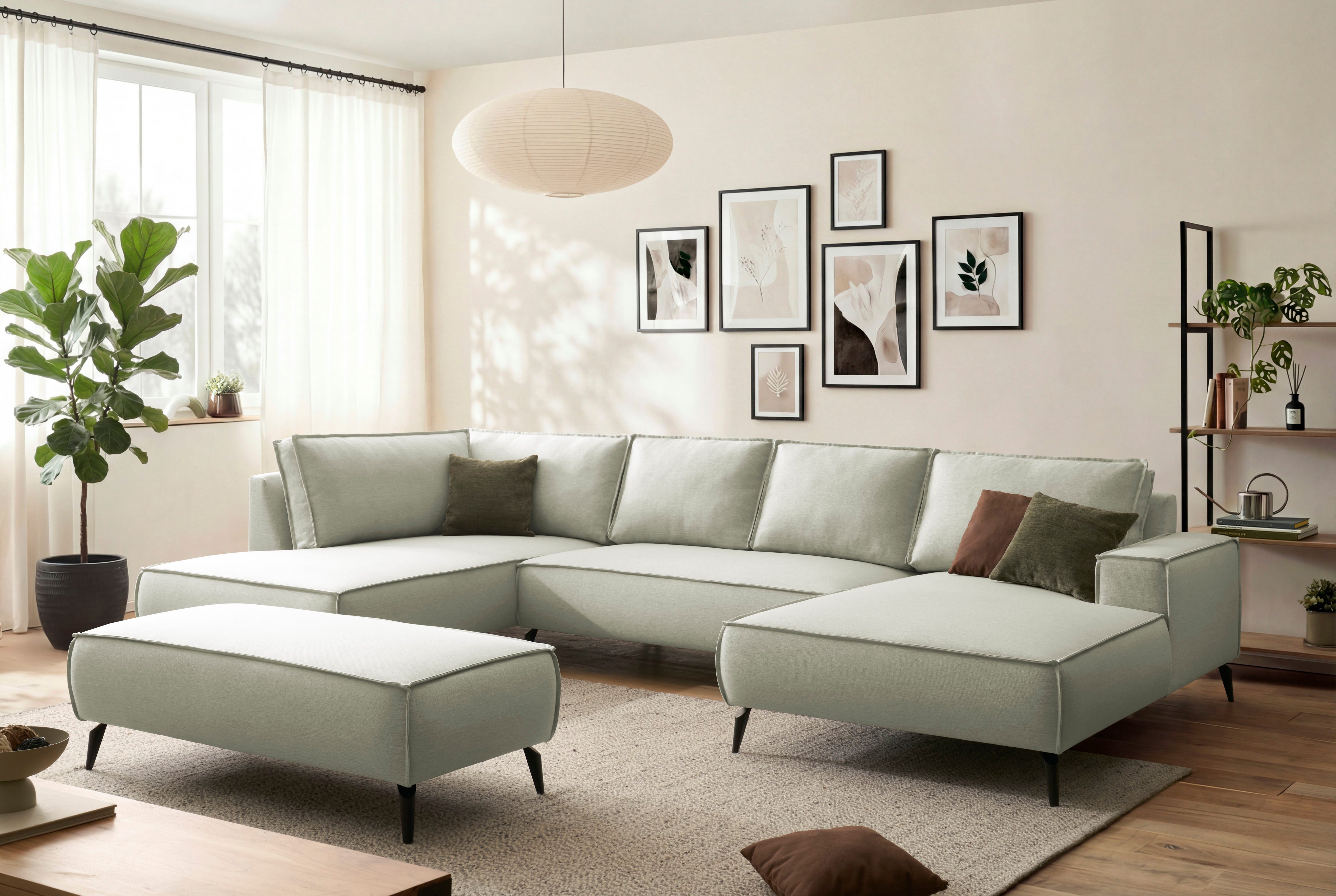 Home affaire Wohnlandschaft mit Hocker, TVINNU, moderne U-Form in Cord oder Leinenoptik, Set 2 Teile, Recamiere rechts/links, stellbar zum Schlafsofa (Krokodilverbinder)
