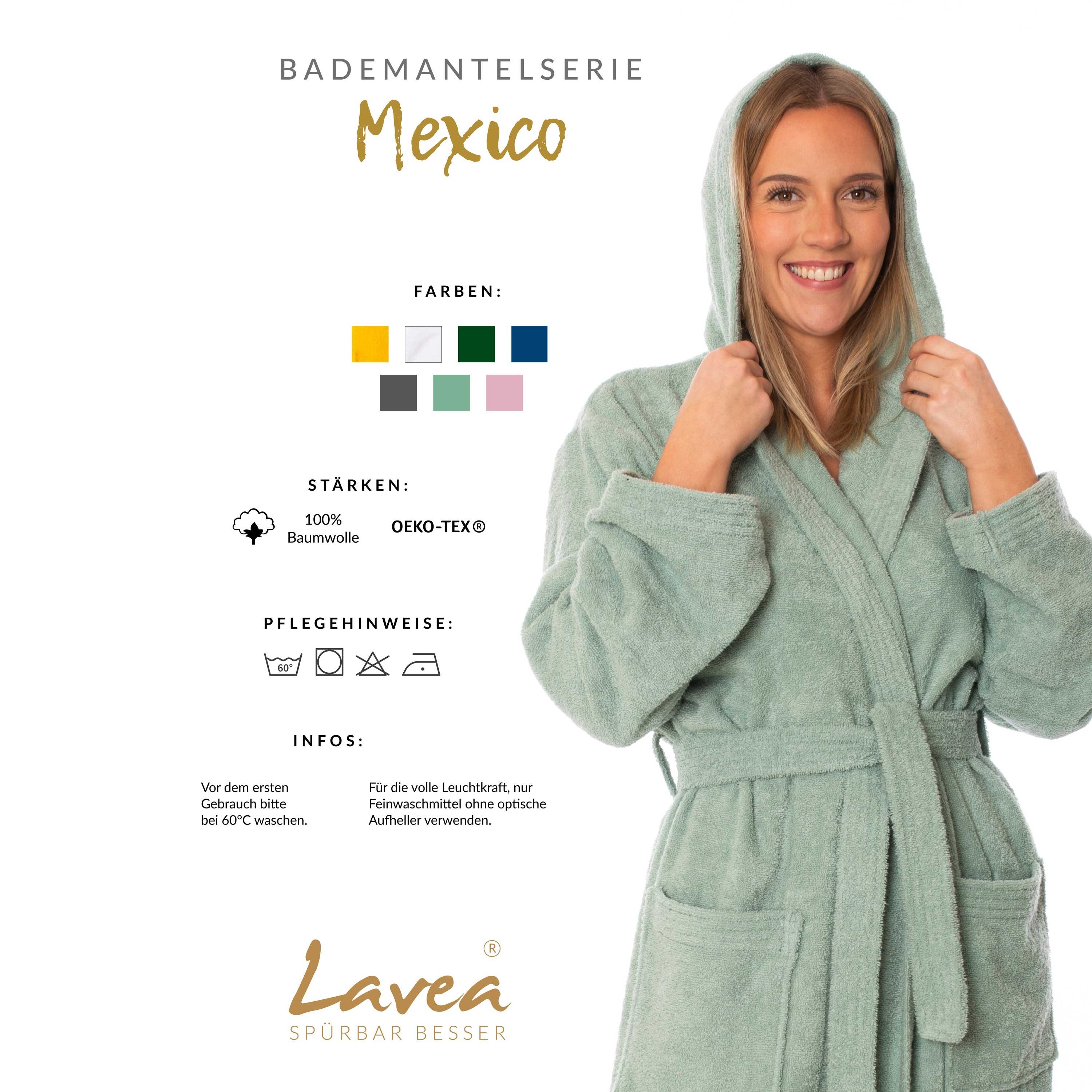 Lavea Bademantel Damen und Herren, Morgenmantel Mexico, Hotelbademantel, Lang, 100% Baumwolle, mit Kapuze, hochwertiger Bindegürtel, Weich & Saugstark - Spa Feeling für Zuhause