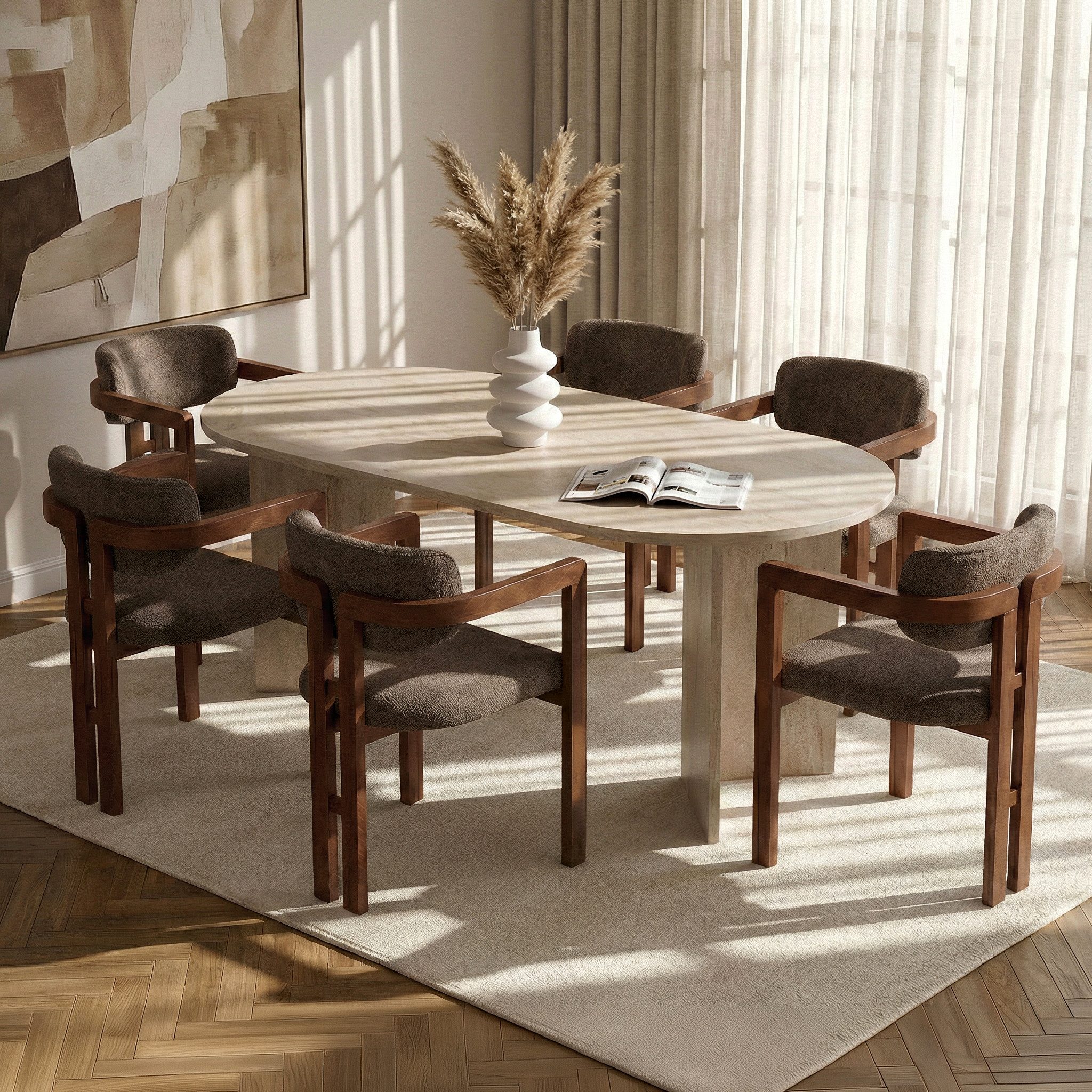 Skye Decor Essgruppe Sablin Modern Set, (Set, 7-tlg., 1 Tish, 6 Stühle), Japandi Set bestehend aus 6 Stühl und 1 Tish Modernes Esszimmer Set