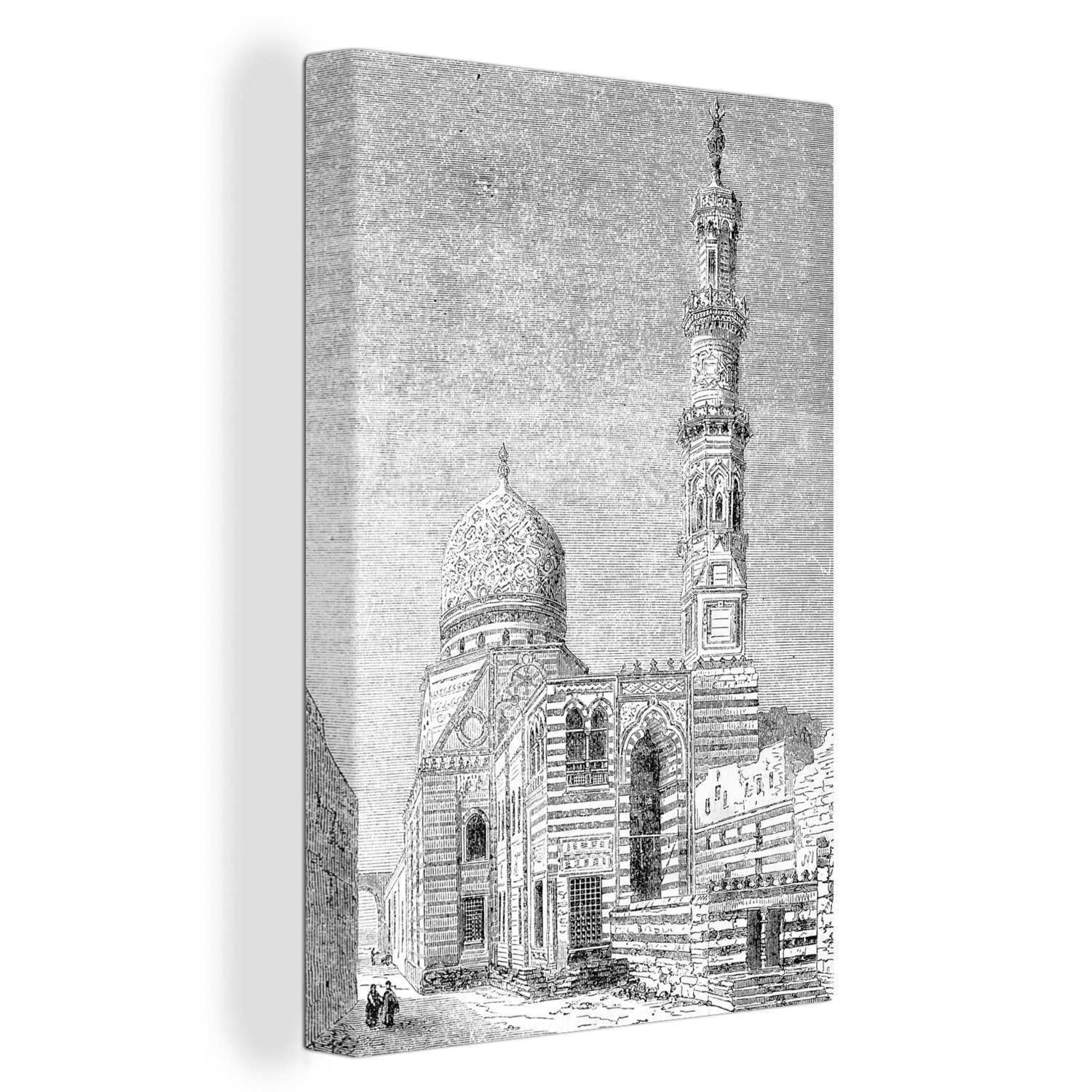 OneMillionCanvasses® Leinwandbild Schwarz-Weiß-Abbildung des Emir Qurqumas-Komplexes in Kairo, (1 St), Leinwandbild fertig bespannt inkl. Zackenaufhänger, Gemälde, 20x30 cm