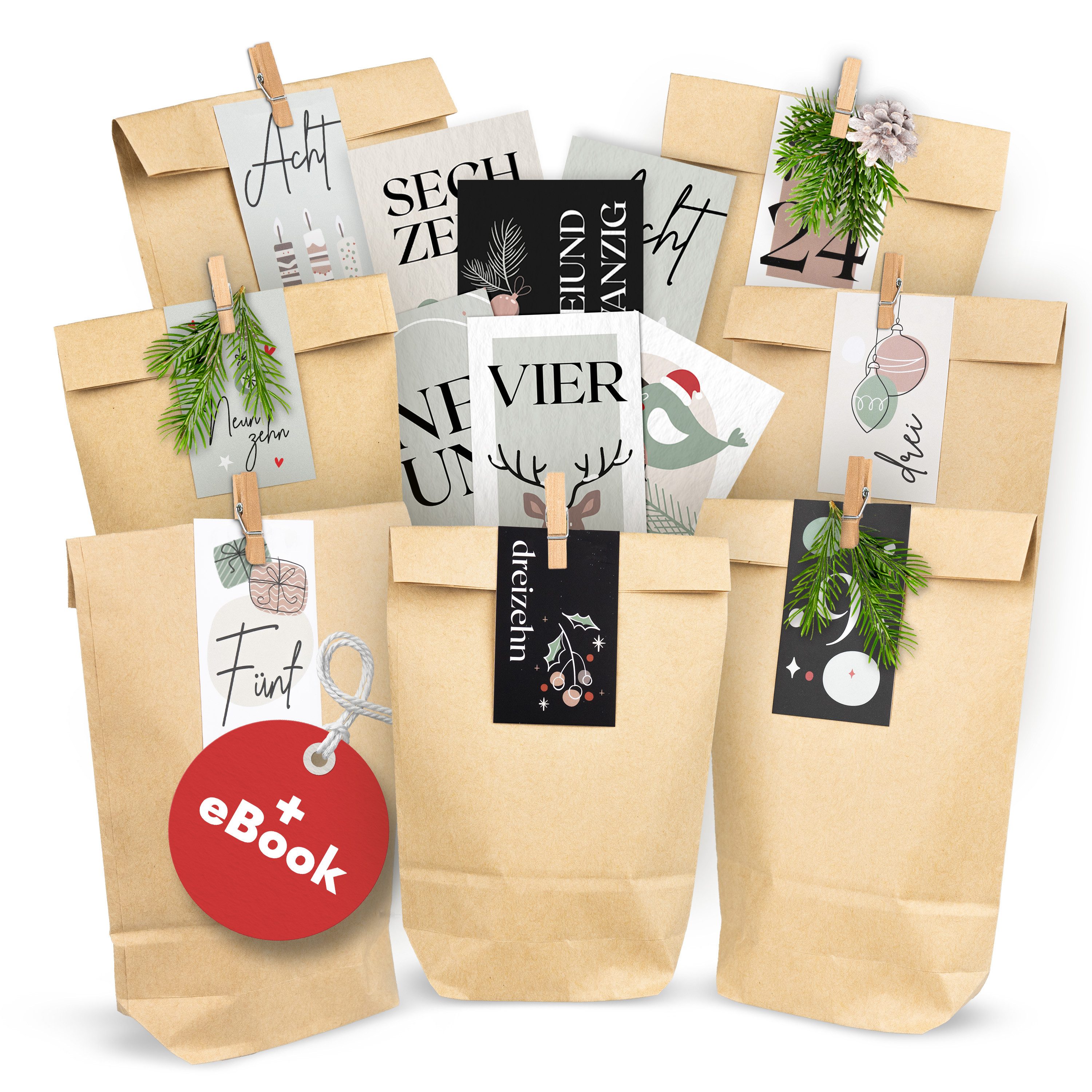 Amari befüllbarer Adventskalender Adventskalender zum Befüllen 2026, 24 Papiertüten 14×22 cm mit Zahlen (DIY Set, 72-tlg), Designs für Kinder & Erwachsene, wiederverwendbar, Ideen zum Befüllen