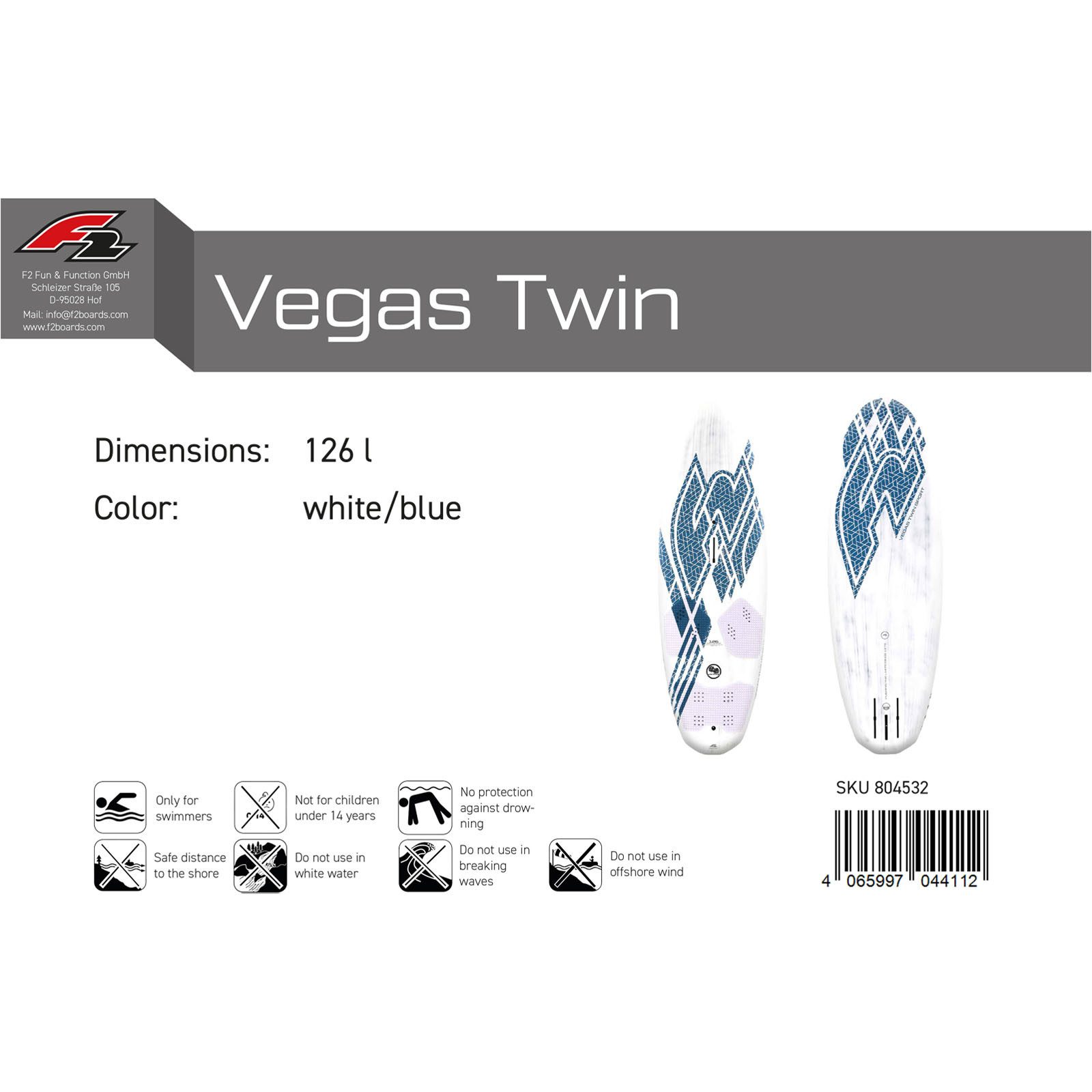 F2 Windsurfboard F2 Windsurfboard Vegas Twin Sport 126 l Weiss/Blau 2024/25, Surfbrett
