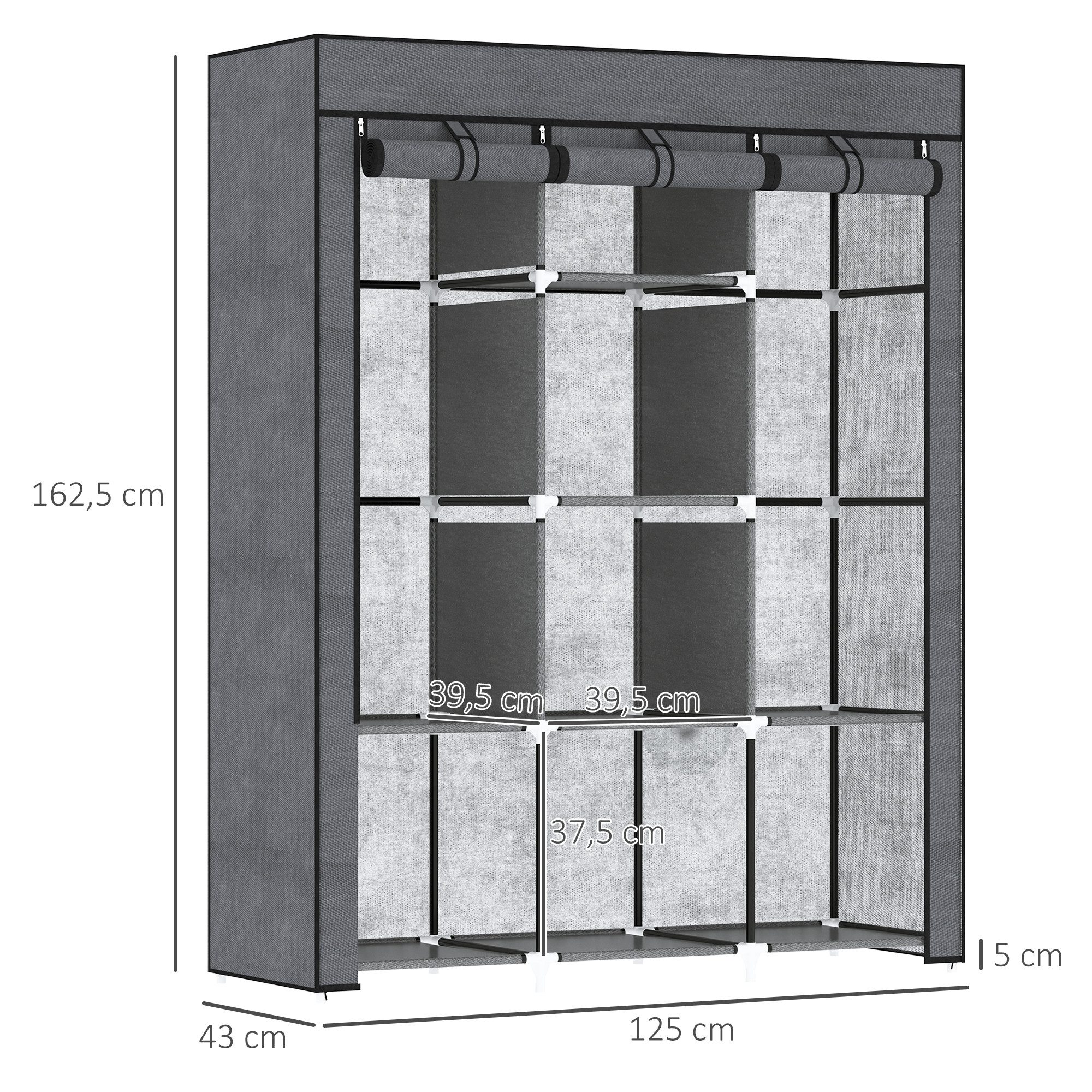 HOMCOM Stoffschrank Faltschrank für Schlafzimmer, Ankleidezimmer, 125x43x162,5cm (Faltschrank, 1-St., Faltbare Garderobe für Schlafzimmer) Vliesstoff, Dunkelgrau, 125 x 43 x 162,5 cm