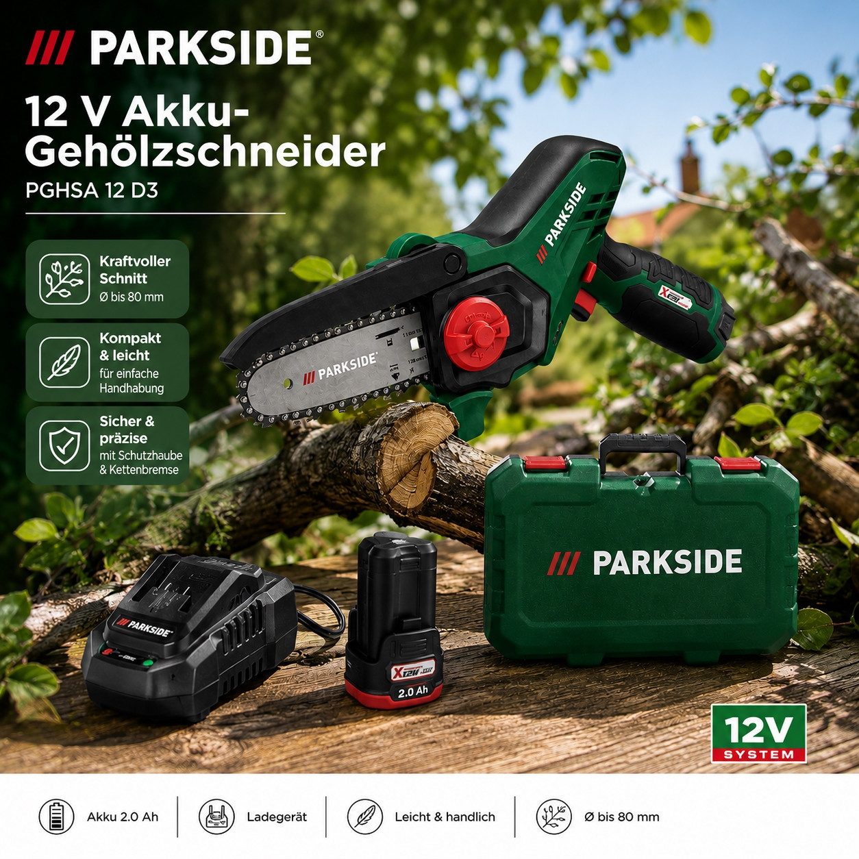 Parkside Akku-Kettensäge PARKSIDE 12V Akku-Gehölzschneider PGHSA 12 D3, Akku 2.0 Ah / Ladegerät