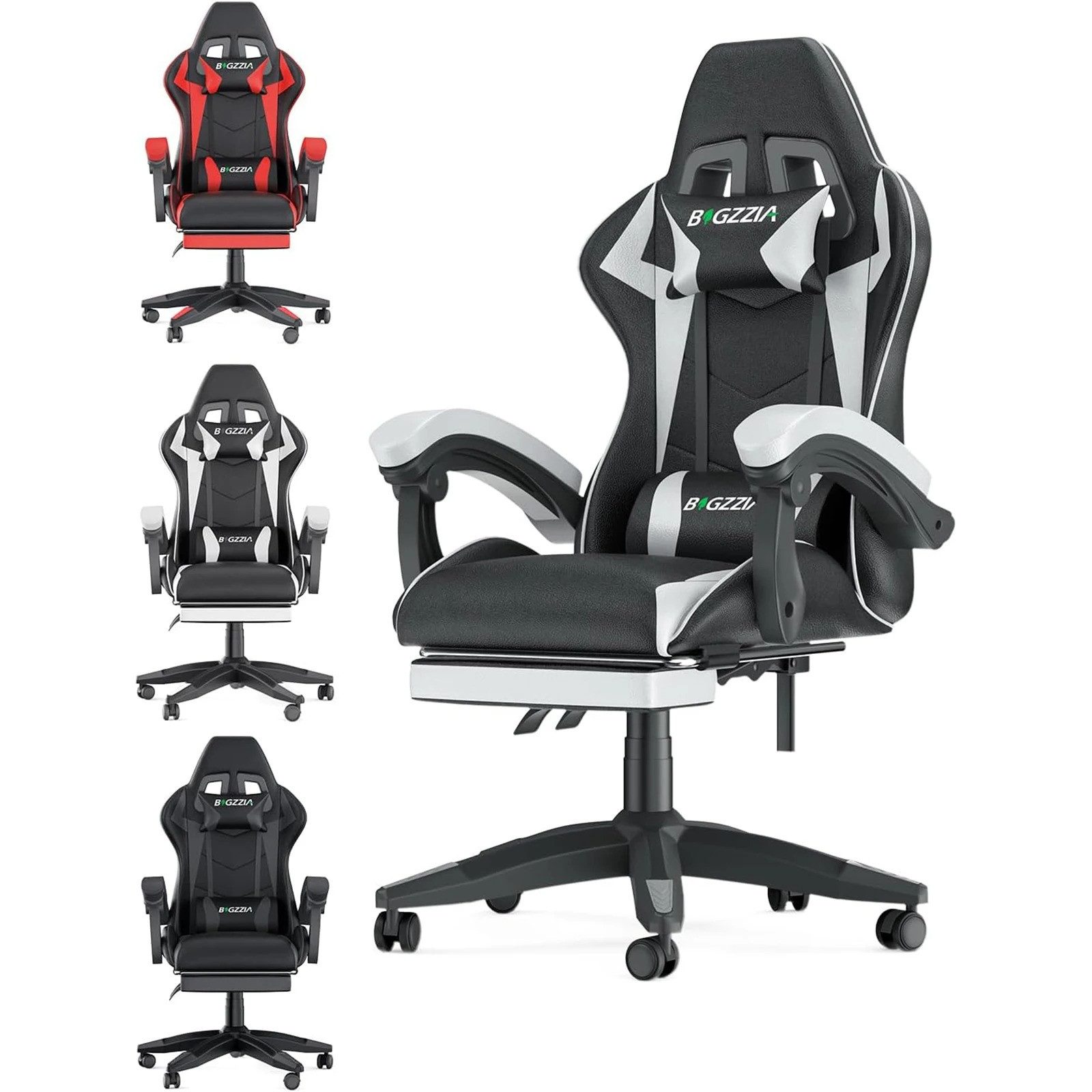 Athlix Gaming-Stuhl Gaming Chair Bürostuhl Ergonomisch mit Lendenkissen Kopfkissen, Bis 136 kg, 90°–155° verstellbare Rückenlehne, PU-Leder