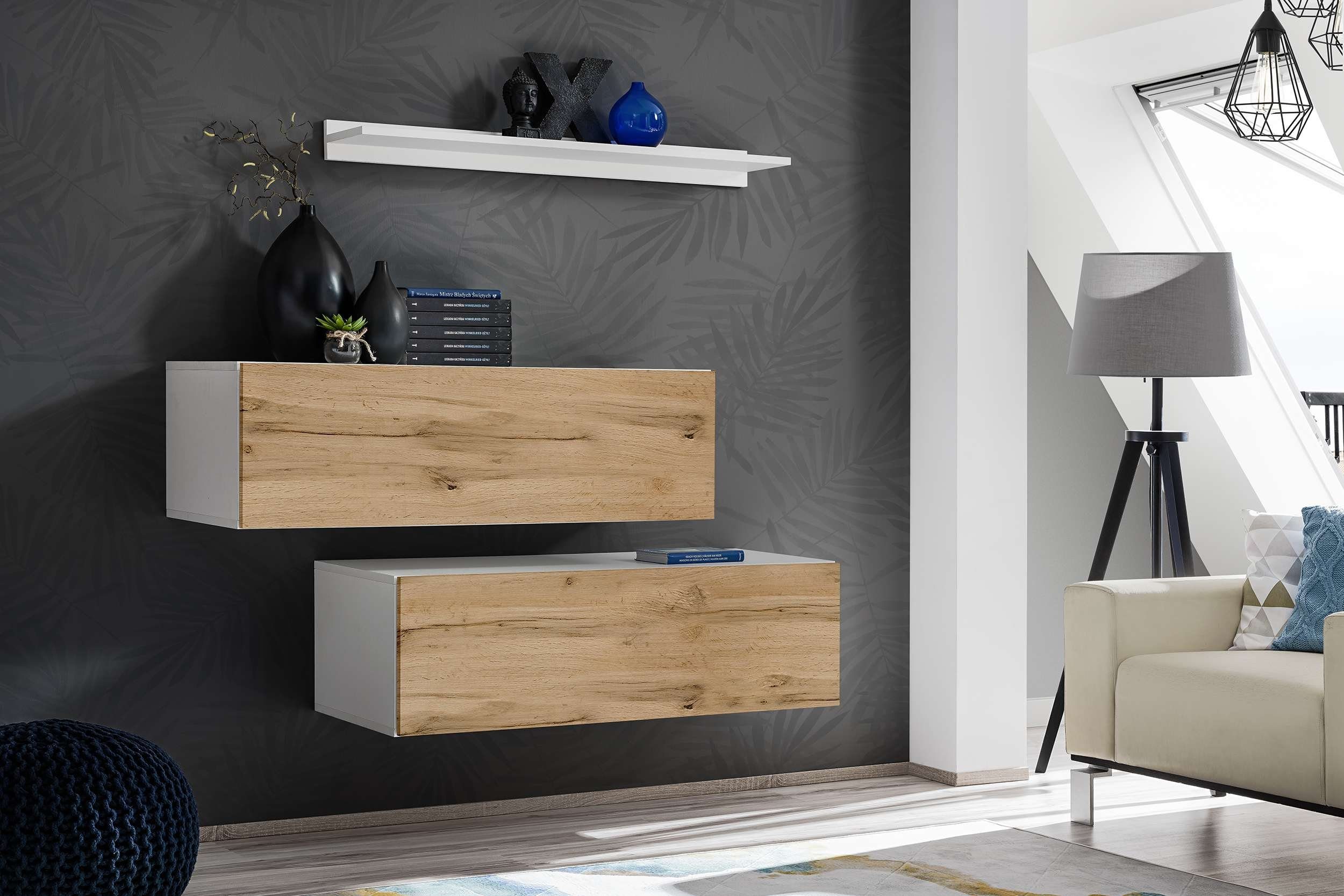 Stylefy Wohnwand Rawson III, (Wohnmöbel, Wohnzimmer-Set, Set (3-St), bestehend aus 2xLowboard, 1xWandregal, aus Holzwerkstoff, mit viel Stauraum, variabel hängbar, Design Modern Weiß - Wotan Eiche