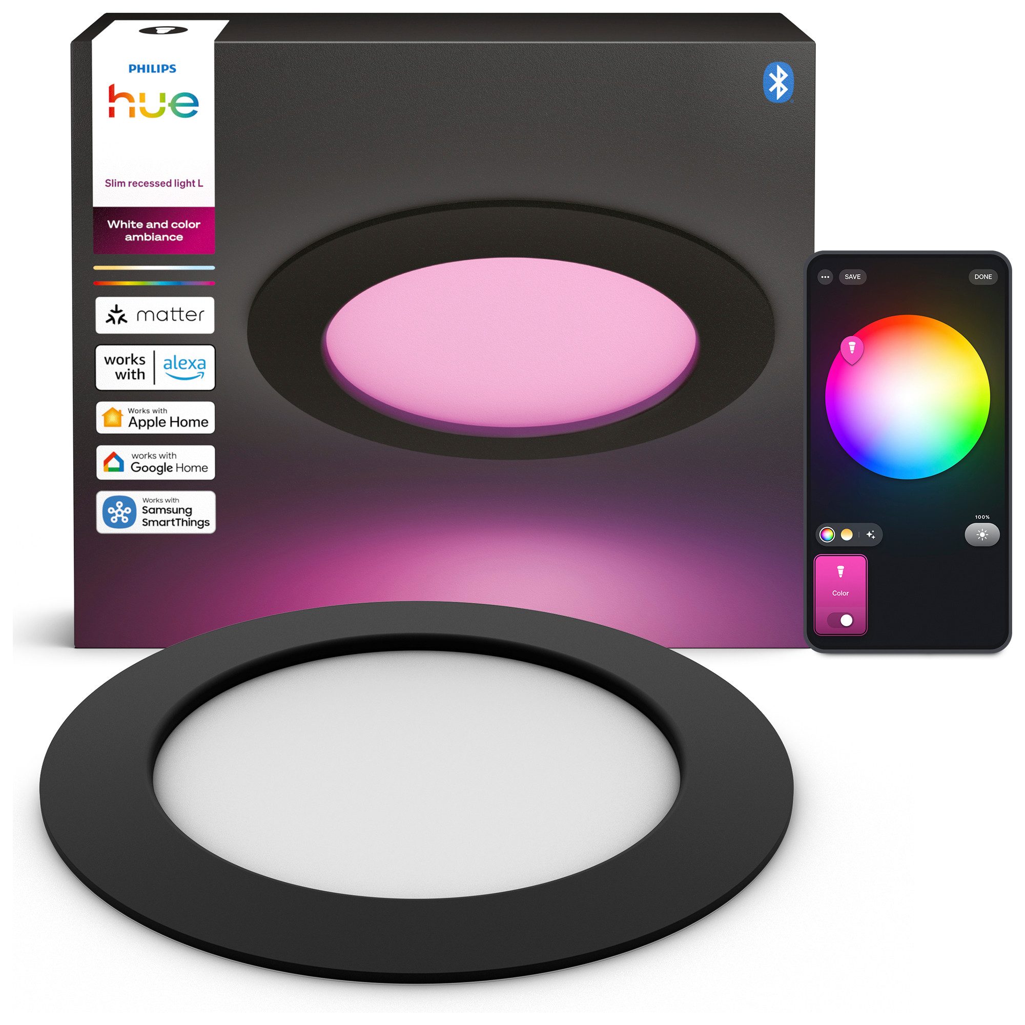 Philips Hue LED Deckenspot Slim Downlight Einbauleuchte, Abschaltautomatik, Bluetooth, CCT - über Fernbedienung, Dimmer, Dimmfunktion, Farbsteuerung, Farbwechsel, Leuchtdauer einstellbar, Memoryfunktion, Nachtlichtfunktion, RGB, Smart Home, Timerfunktion, Weckerfunktion, dimmbar über Fernbedienung, erweiterbar, getrennt schaltbar, mehrere Helligkeitsstufen, LED fest integriert, RGB, 1000–20000K, auf 0,2% dimmbar, App‑ & Sprachsteuerung