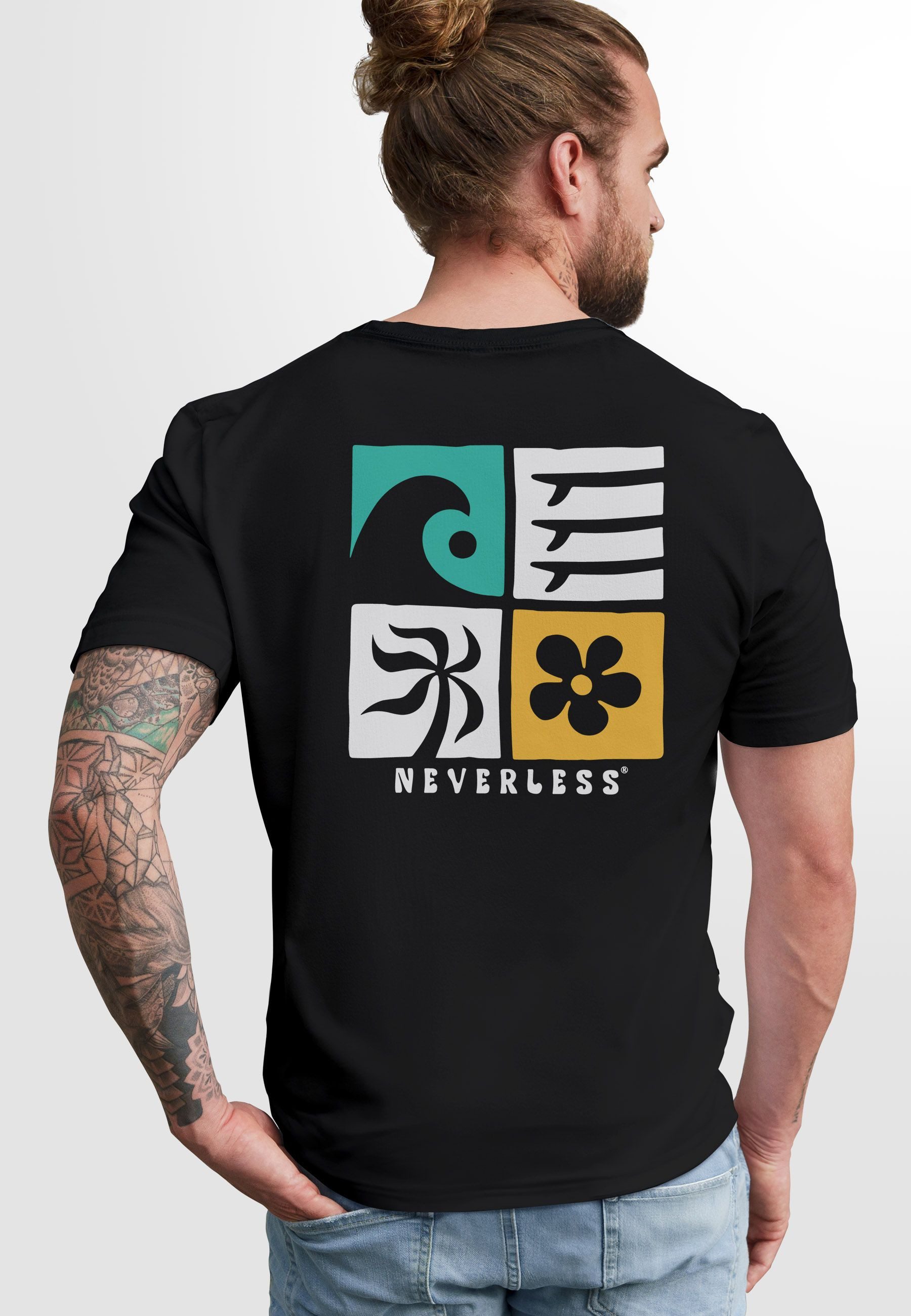 Neverless Print-Shirt Herren T-Shirt Backprint Surfing Welle Meer Icon Printshirt Grafik mit Print