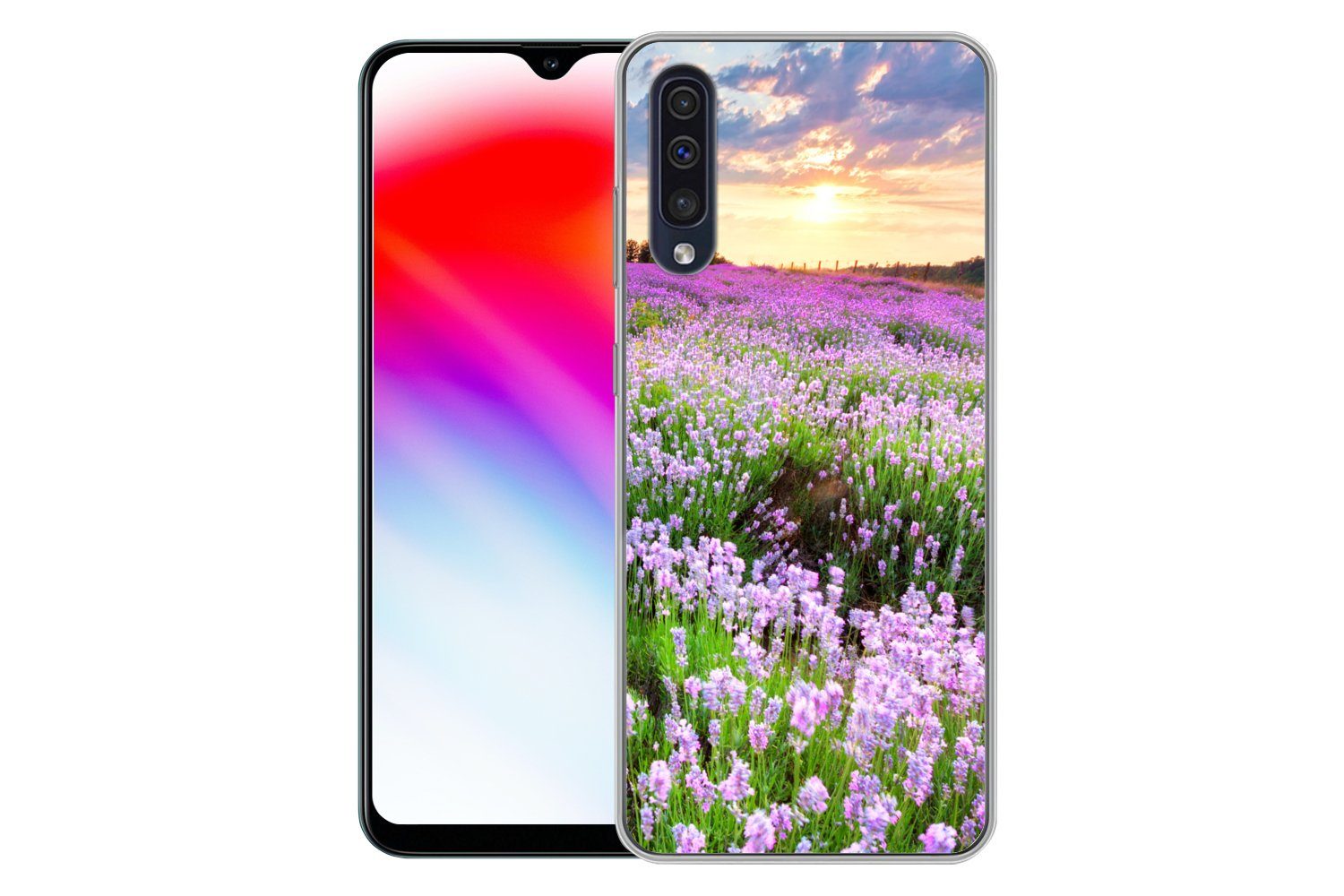 MuchoWow Handyhülle für Samsung Galaxy A50 Blumen - Lavendel - Lila - Himmel - Sonnenunter, Smartphone-Bumper, Print, Handy Schutzhülle Dünn