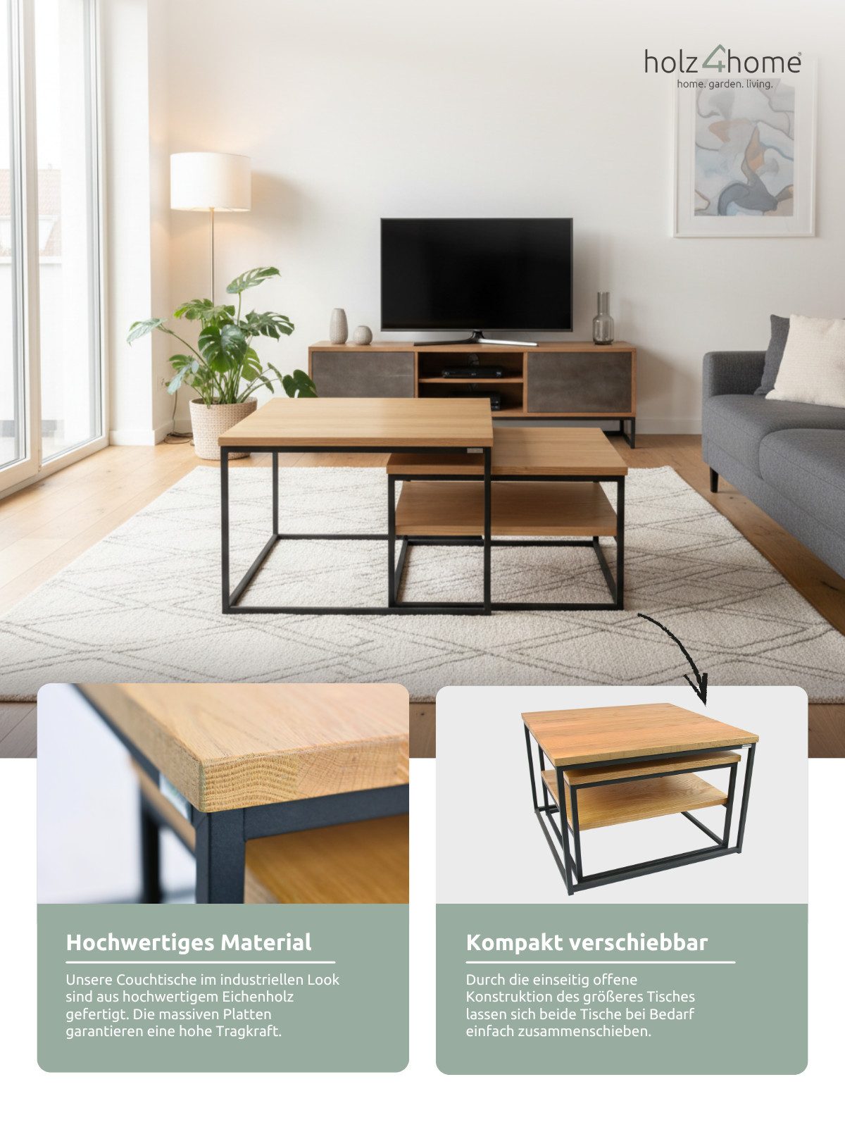 holz4home® Couchtisch 2er Set aus Eiche I Beistelltisch aus Massivholz, Ausziehbar