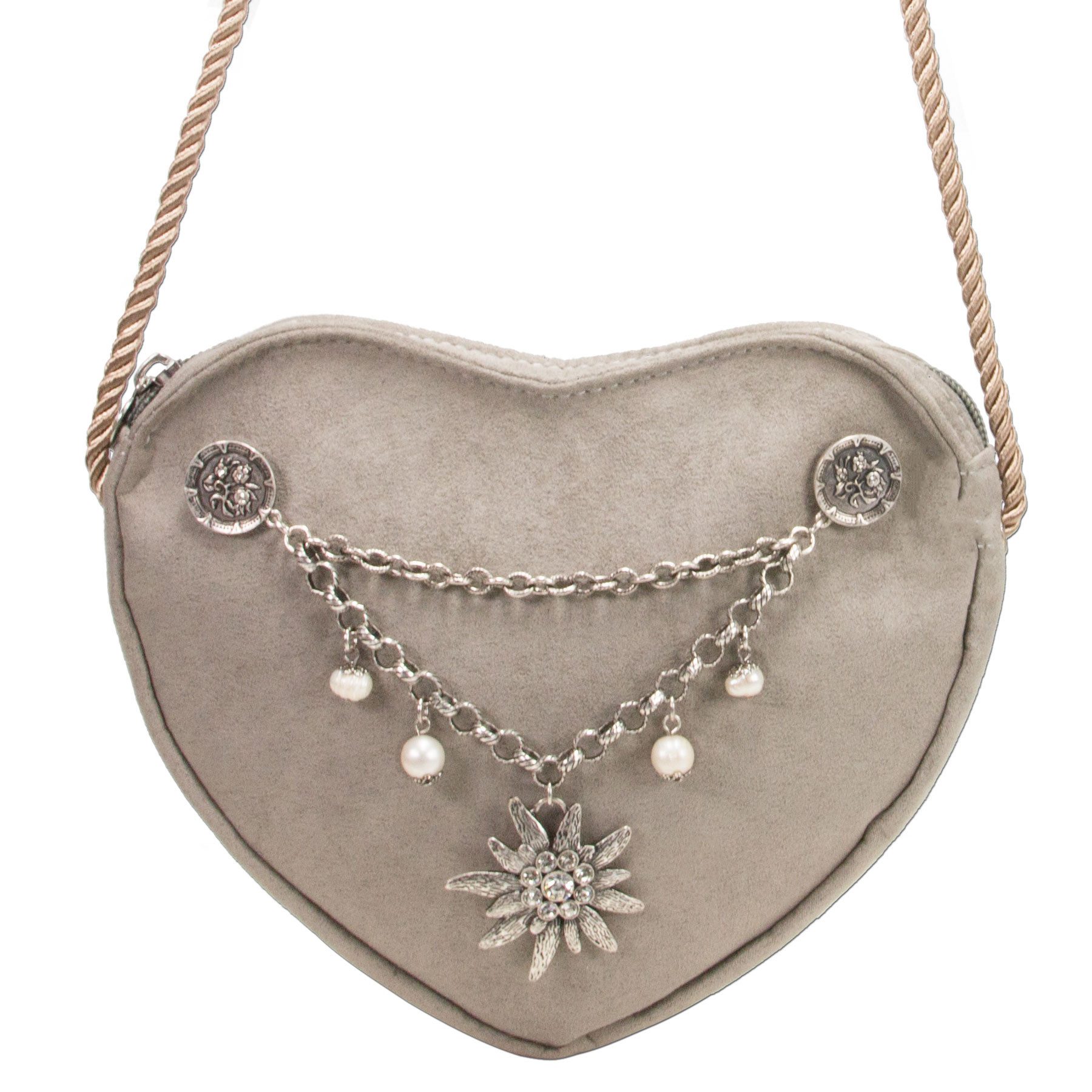 Alpenflüstern Schultertasche Herztasche Charivari Strass-Edelweiss (taupe-grau), - Damen Trachtentasche in Herzform, Schultertasche fürs Dirndl, Herz H – Bild 3 von 3