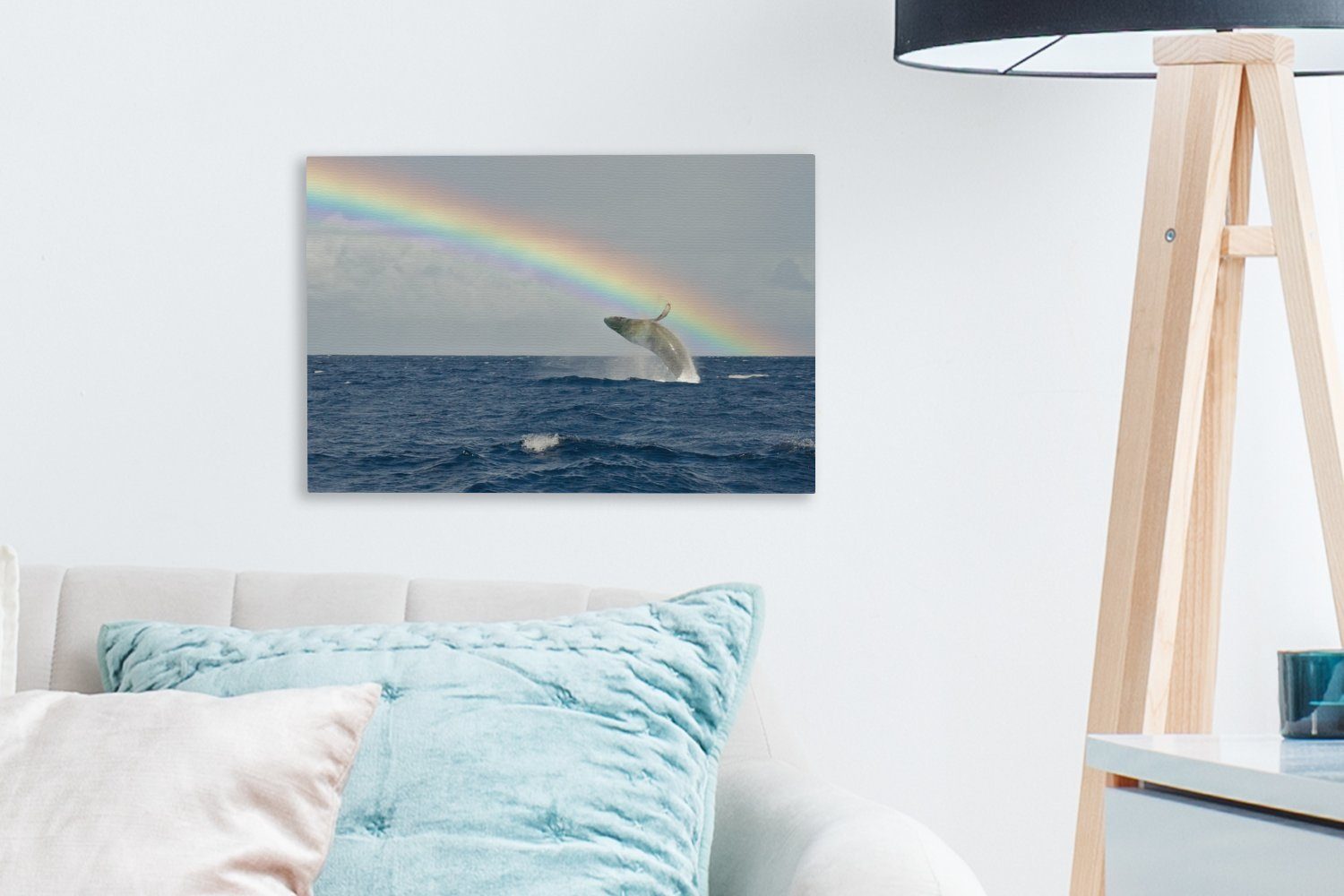 Leinwandbilder, (1 springt dem Wasser, Wanddeko, Wandbild 30x20 unter aus Aufhängefertig, St), Leinwandbild Buckelwal OneMillionCanvasses® einem Ein Regenbogen cm