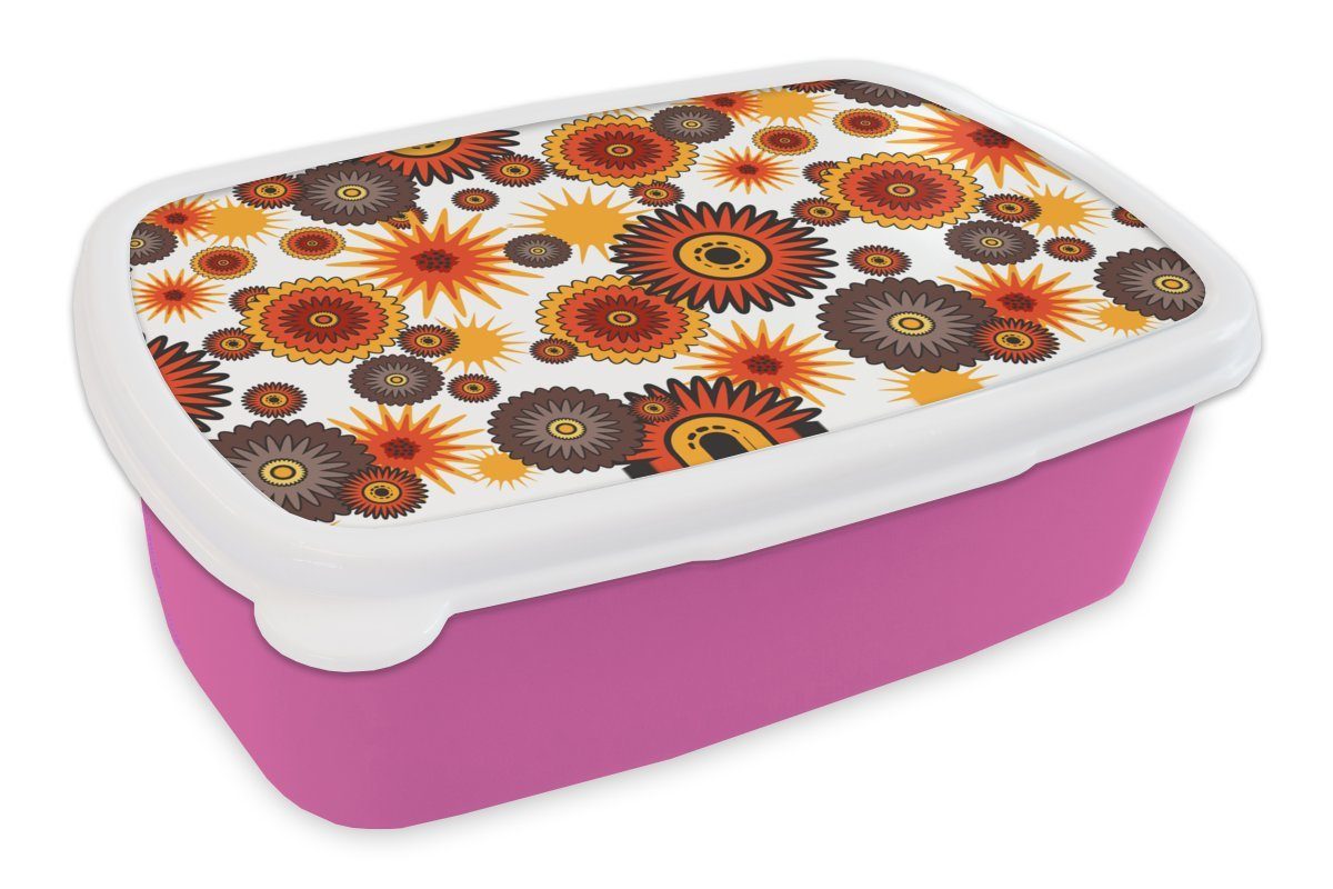 MuchoWow Lunchbox Design - Retro - Orange - Blumen, Kunststoff, (2-tlg), Brotbox für Erwachsene, Brotdose Kinder, Snackbox, Mädchen, Kunststoff rosa